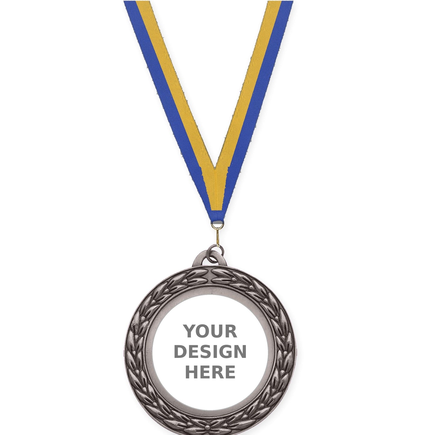 2 3/4 inch Victory Wreath insert medal in antique silver with Blue Gold neck ribbon