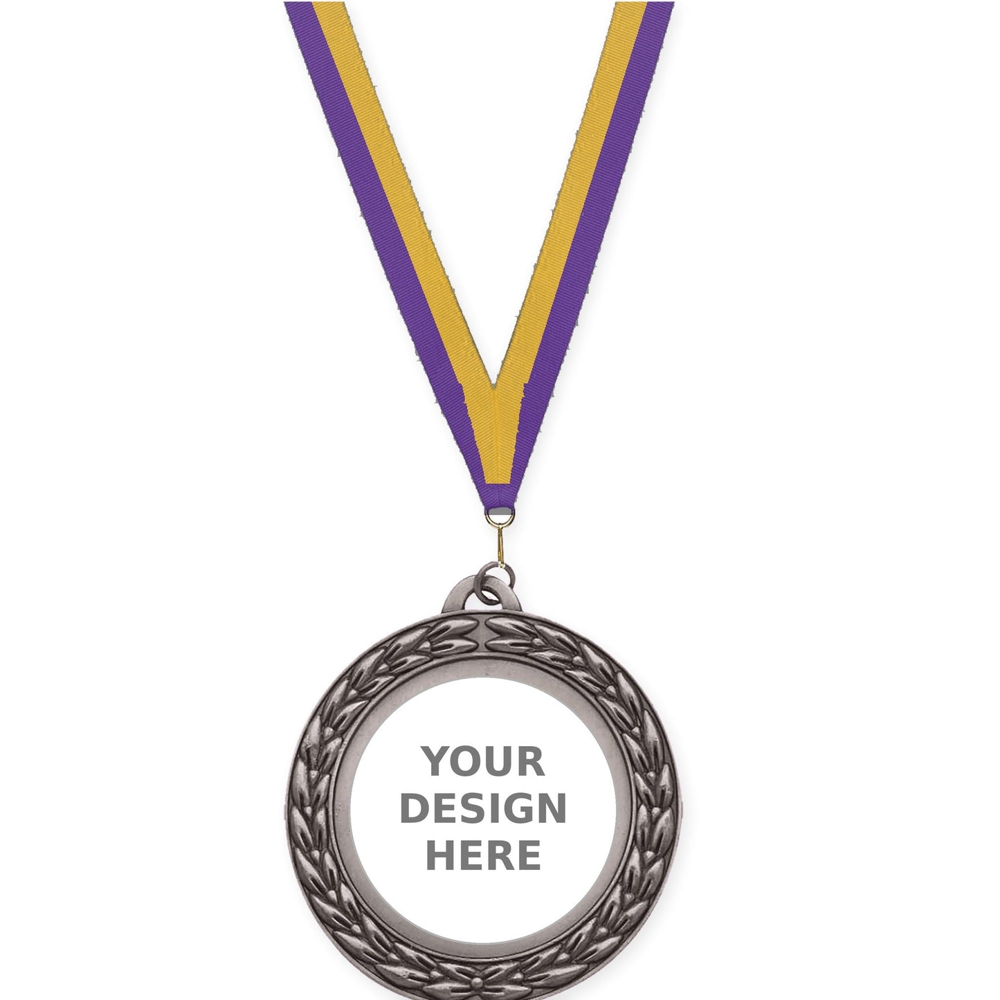 2 3/4 inch Victory Wreath insert medal in antique silver with Purple Gold neck ribbon