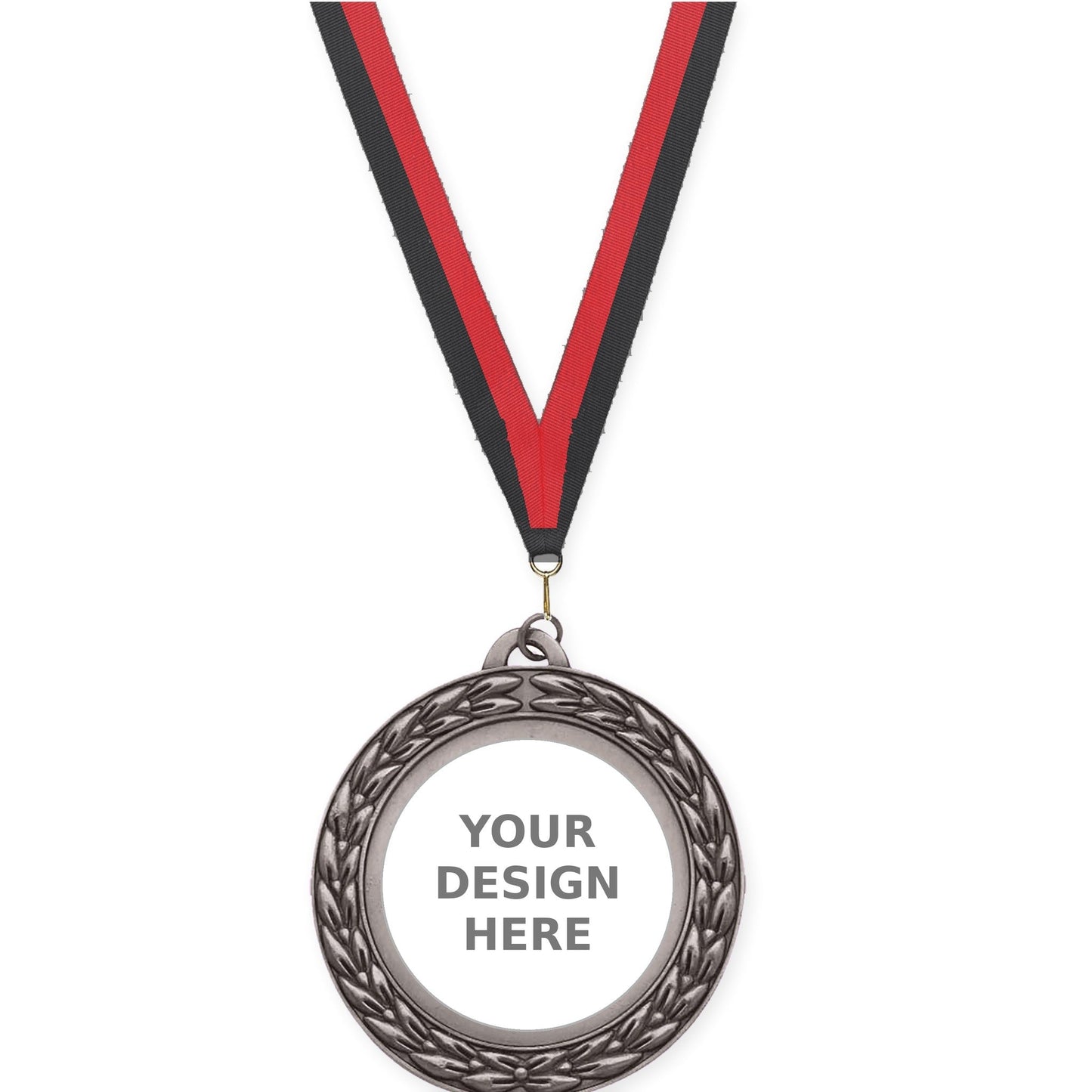 2 3/4 inch Victory Wreath insert medal in antique silver with Black Red neck ribbon