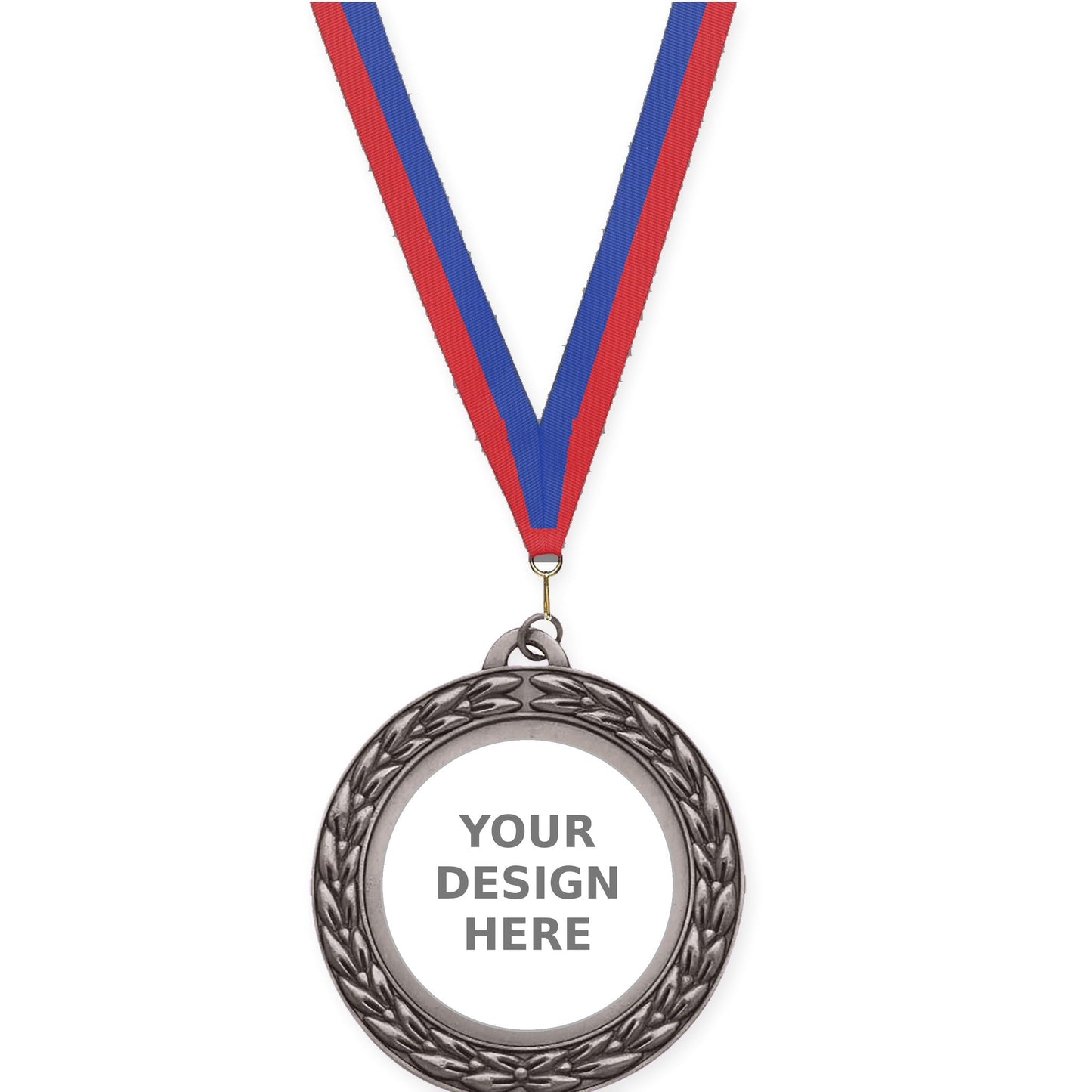 2 3/4 inch Victory Wreath insert medal in antique silver with Blue Red neck ribbon