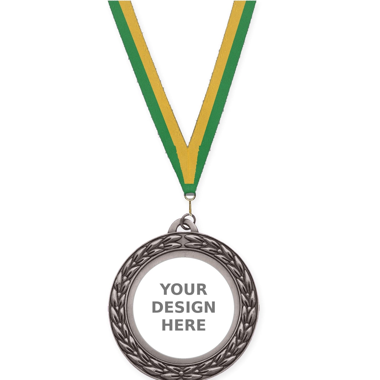 2 3/4 inch Victory Wreath insert medal in antique silver with Green Gold neck ribbon