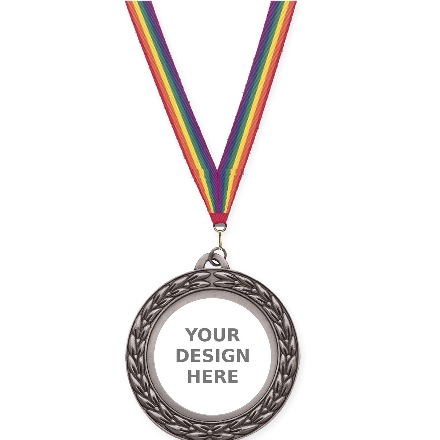 2 3/4 inch Victory Wreath insert medal in antique silver with Rainbow neck ribbon