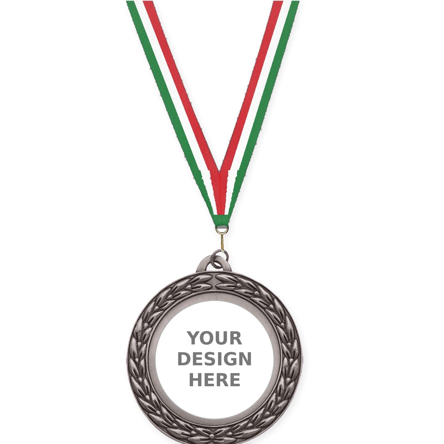 2 3/4 inch Victory Wreath insert medal in antique silver with Green White Red neck ribbon