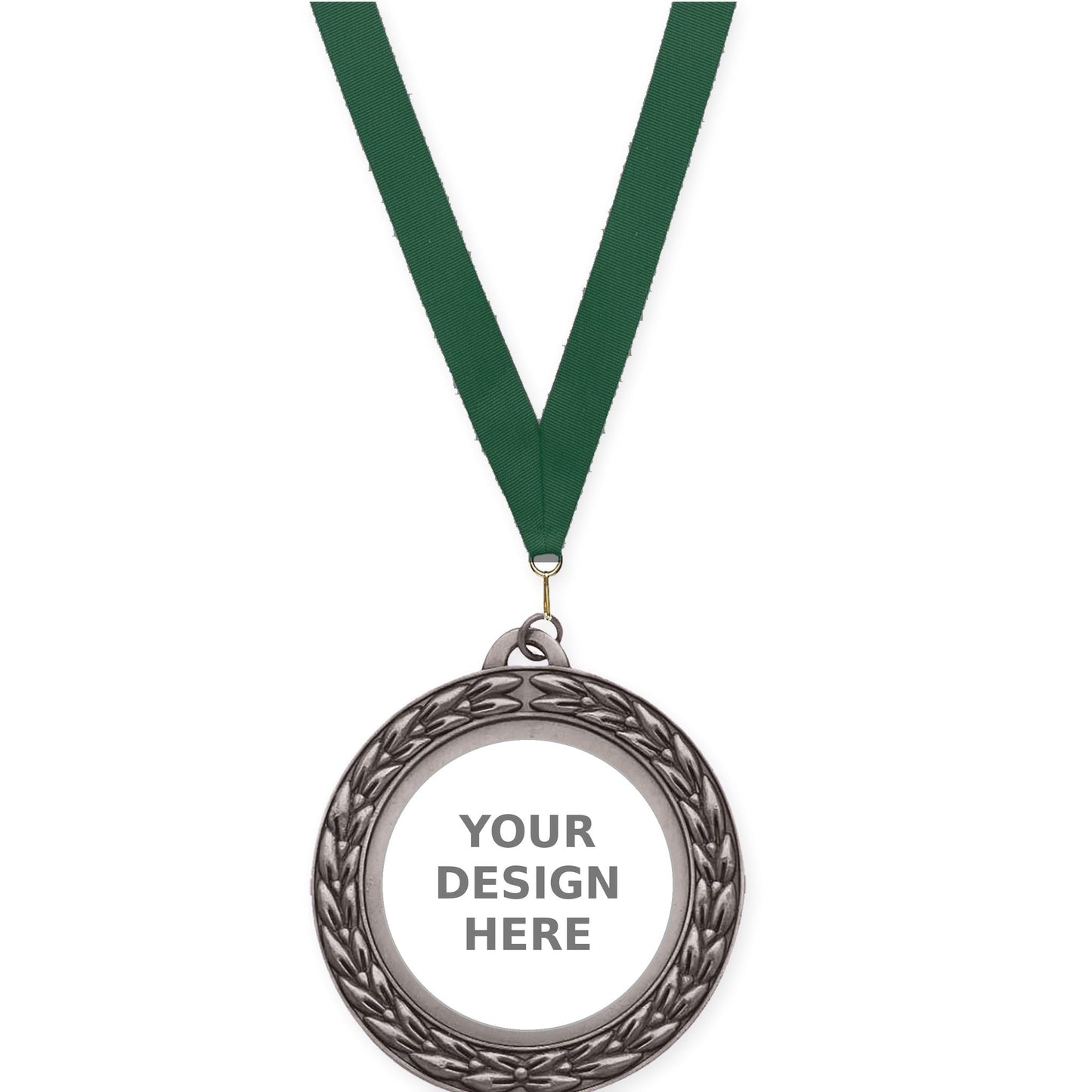 2 3/4 inch Victory Wreath insert medal in antique silver with Hunter Green neck ribbon