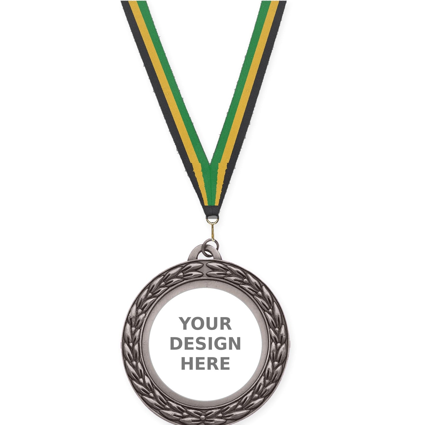 2 3/4 inch Victory Wreath insert medal in antique silver with Black Gold Green neck ribbon