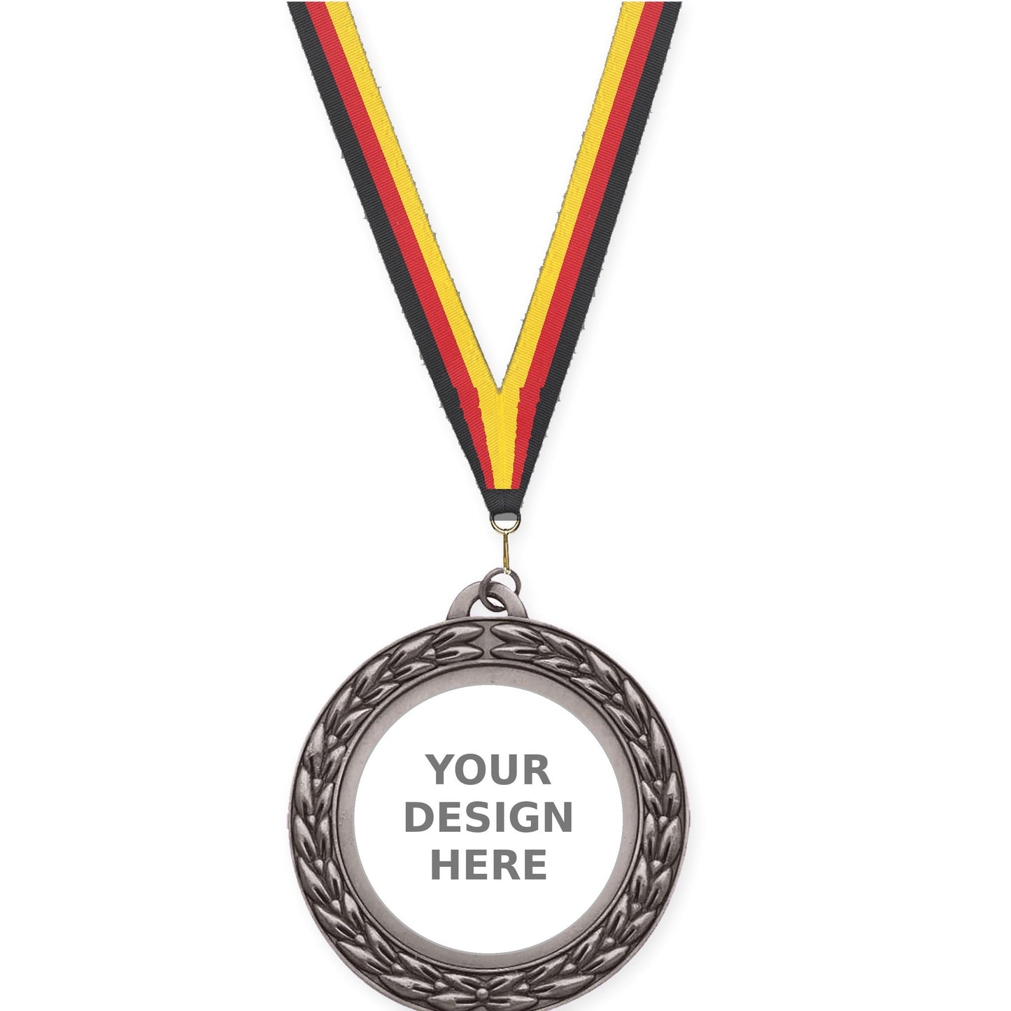 2 3/4 inch Victory Wreath insert medal in antique silver with Black Red Yellow neck ribbon