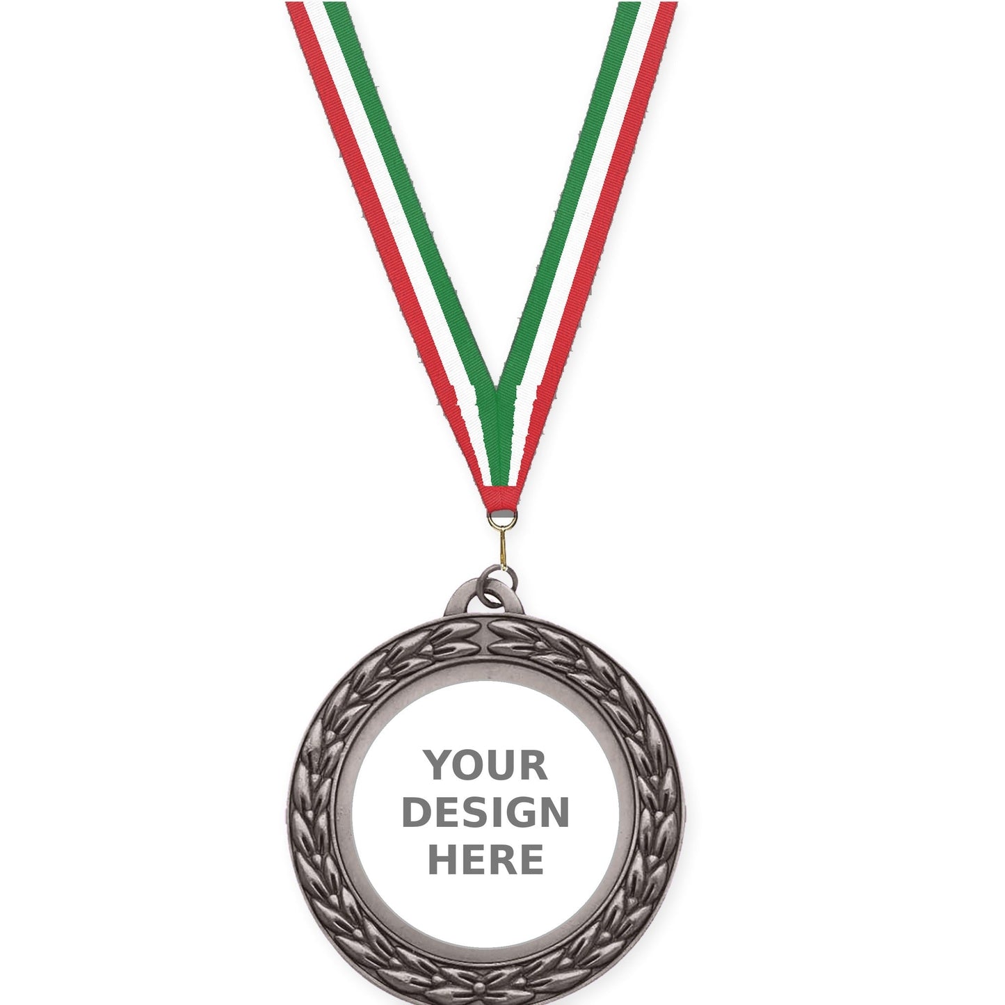 2 3/4 inch Victory Wreath insert medal in antique silver with Red White Green neck ribbon
