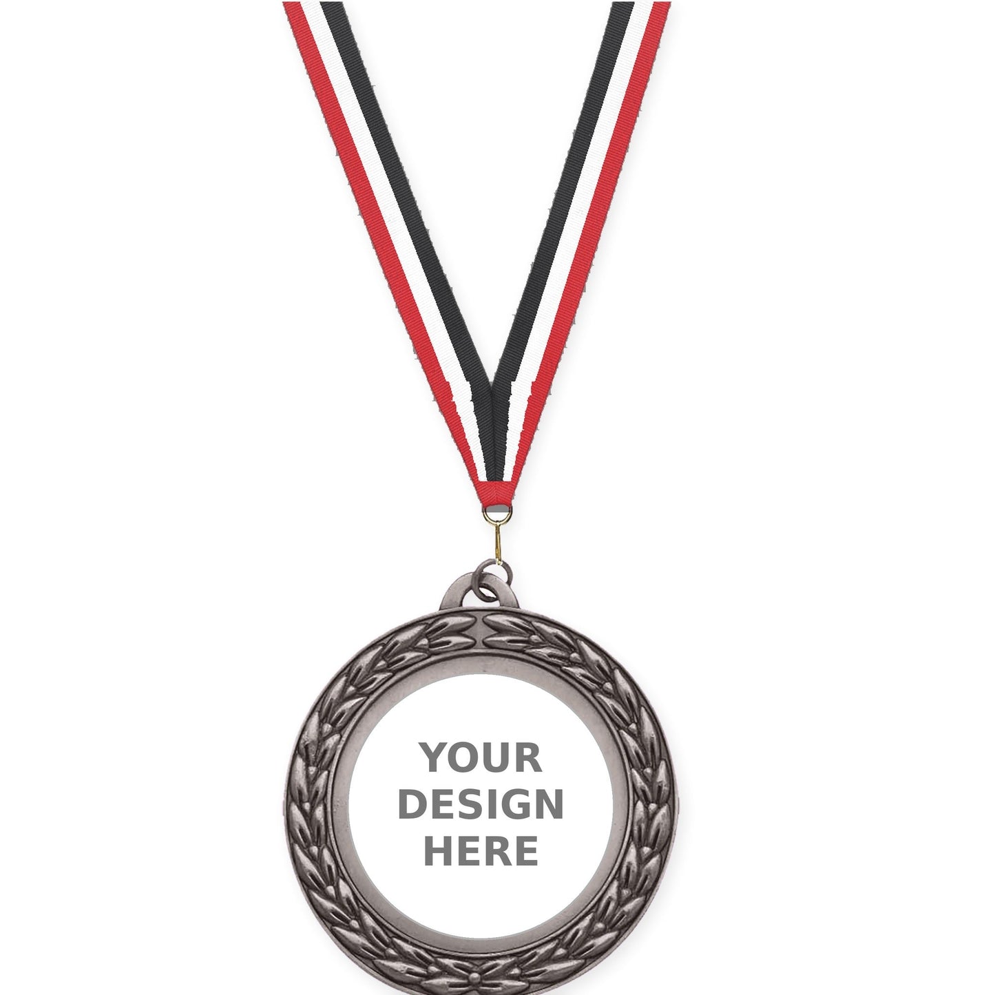 2 3/4 inch Victory Wreath insert medal in antique silver with Red White Black neck ribbon