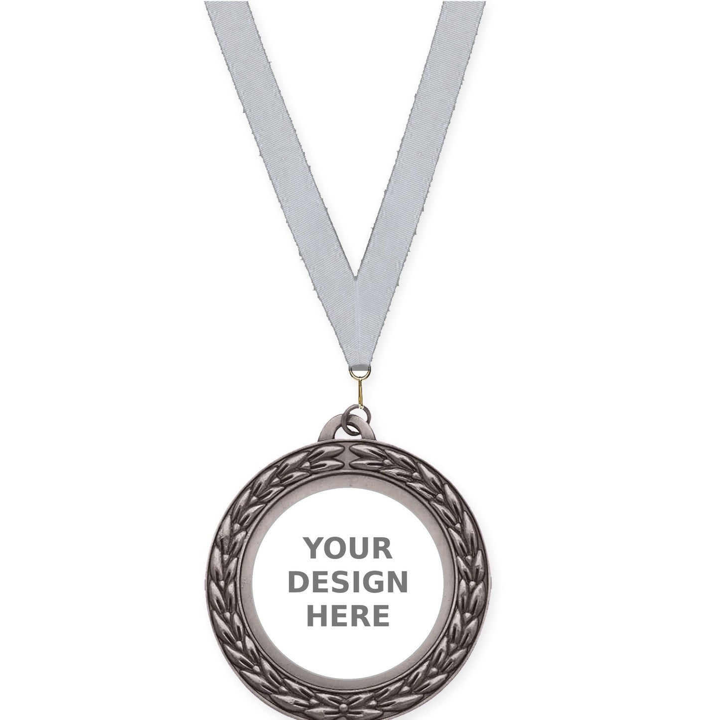 2 3/4 inch Victory Wreath insert medal in antique silver with Silver Metallic neck ribbon