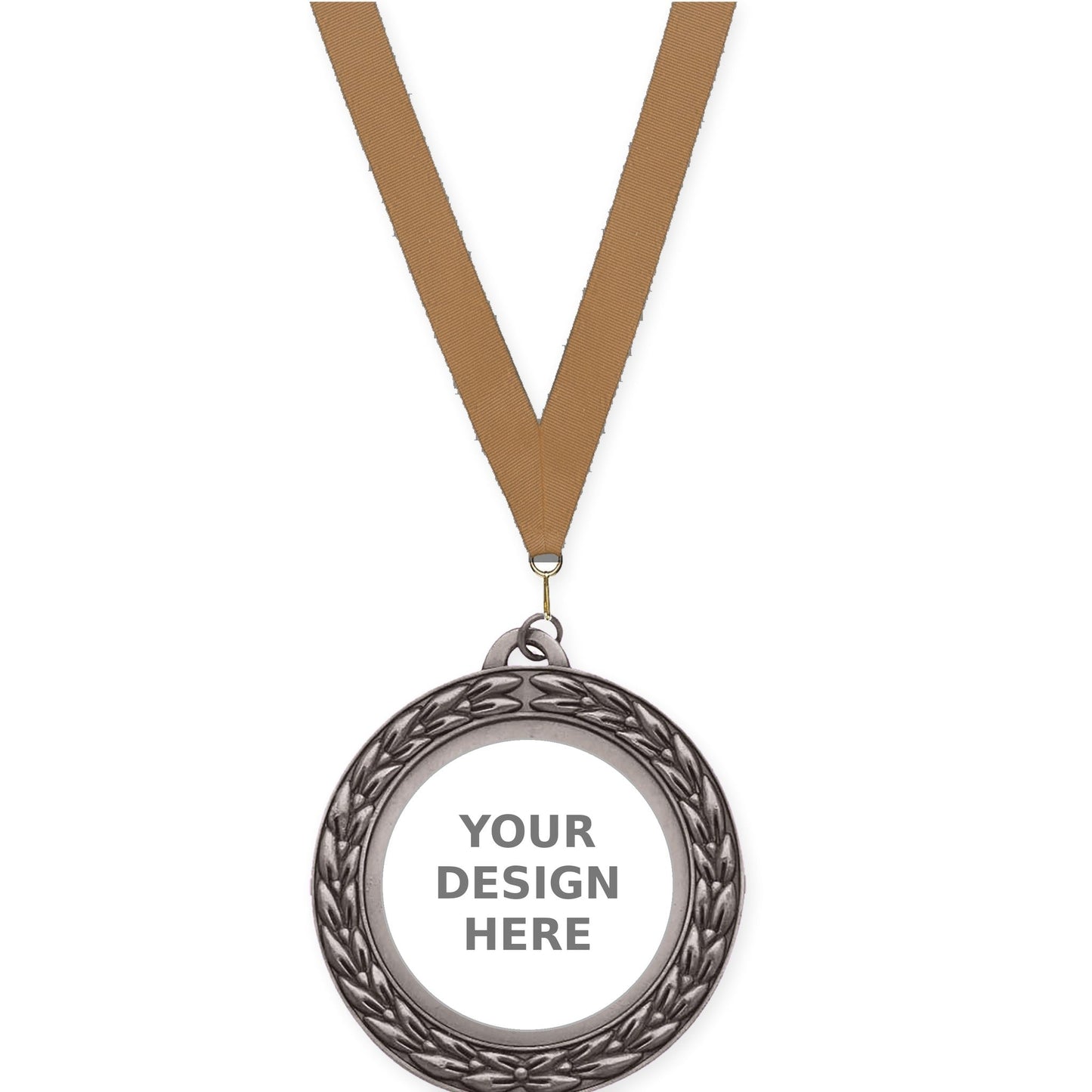 2 3/4 inch Victory Wreath insert medal in antique silver with Bronze Metallic neck ribbon
