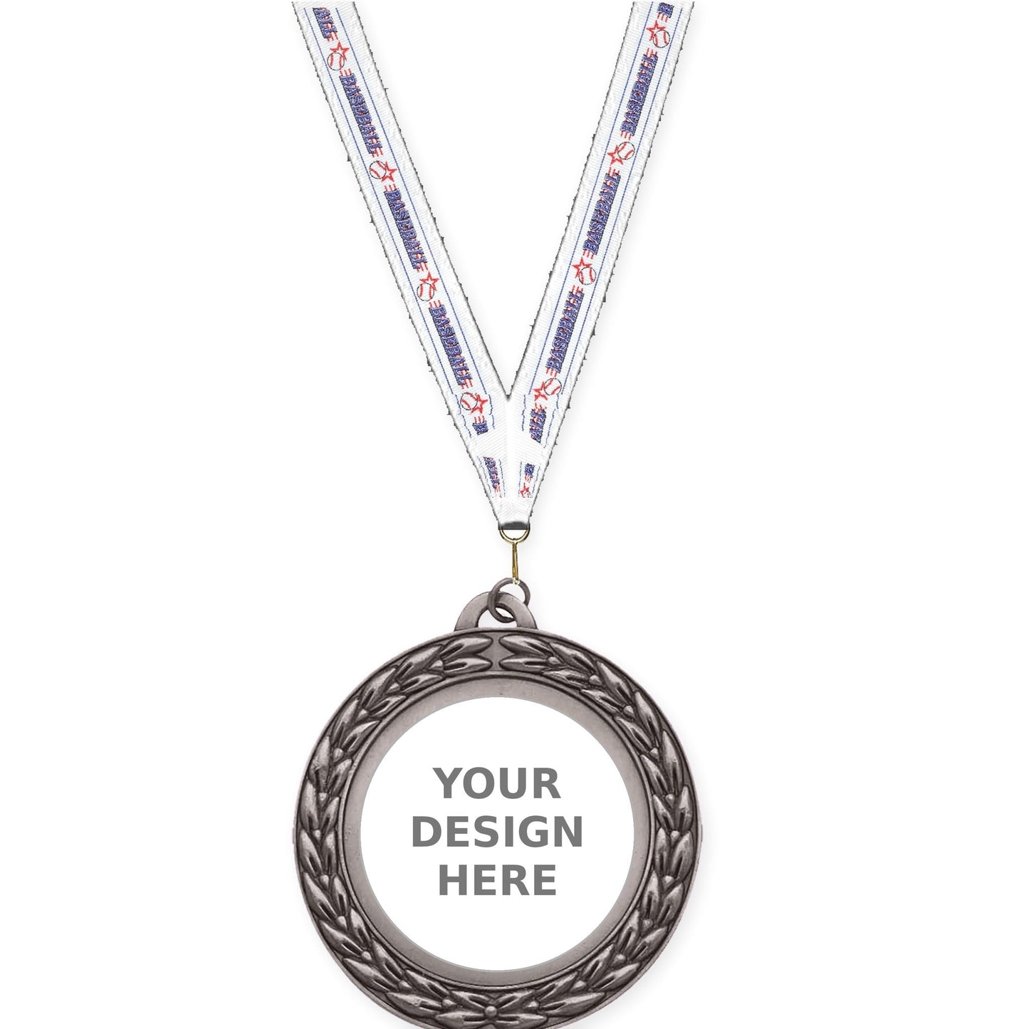 2 3/4 inch Victory Wreath insert medal in antique silver with Baseball neck ribbon