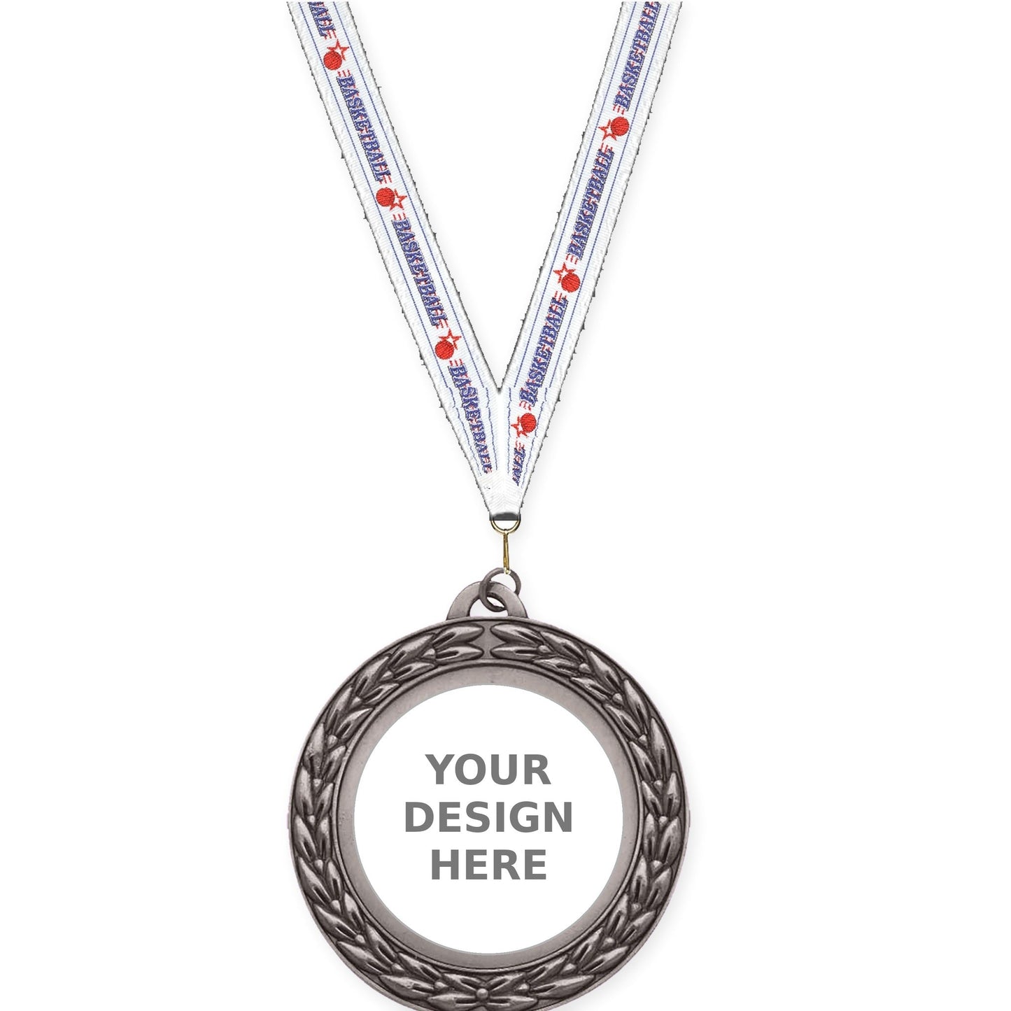 2 3/4 inch Victory Wreath insert medal in antique silver with Basketball neck ribbon