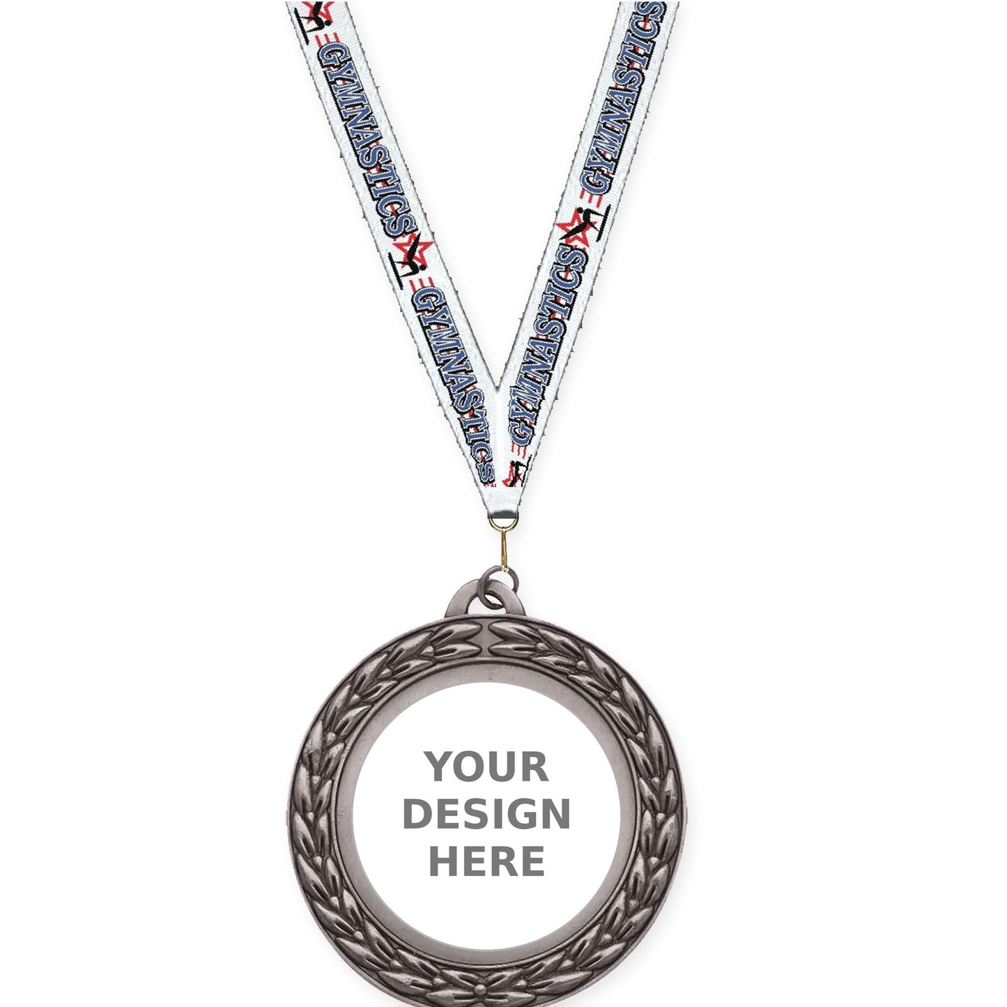 2 3/4 inch Victory Wreath insert medal in antique silver with Gymnastics neck ribbon