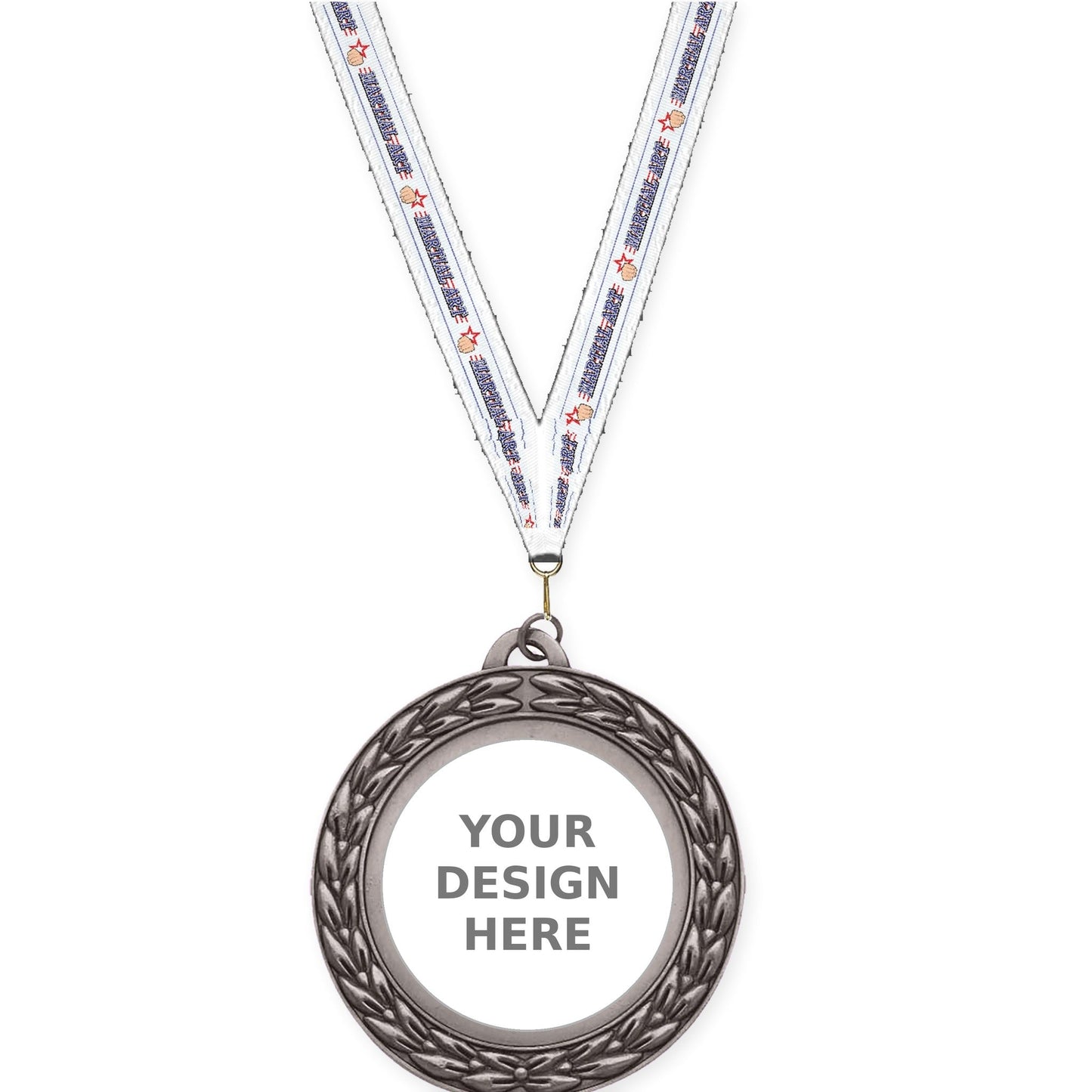 2 3/4 inch Victory Wreath insert medal in antique silver with Martial Arts neck ribbon