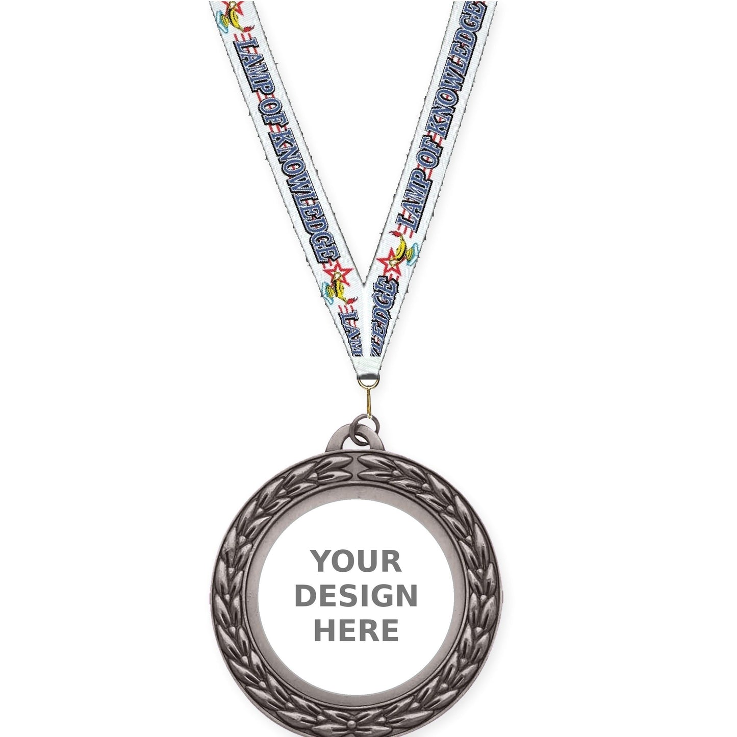 2 3/4 inch Victory Wreath insert medal in antique silver with Lamp Of Knowledge neck ribbon