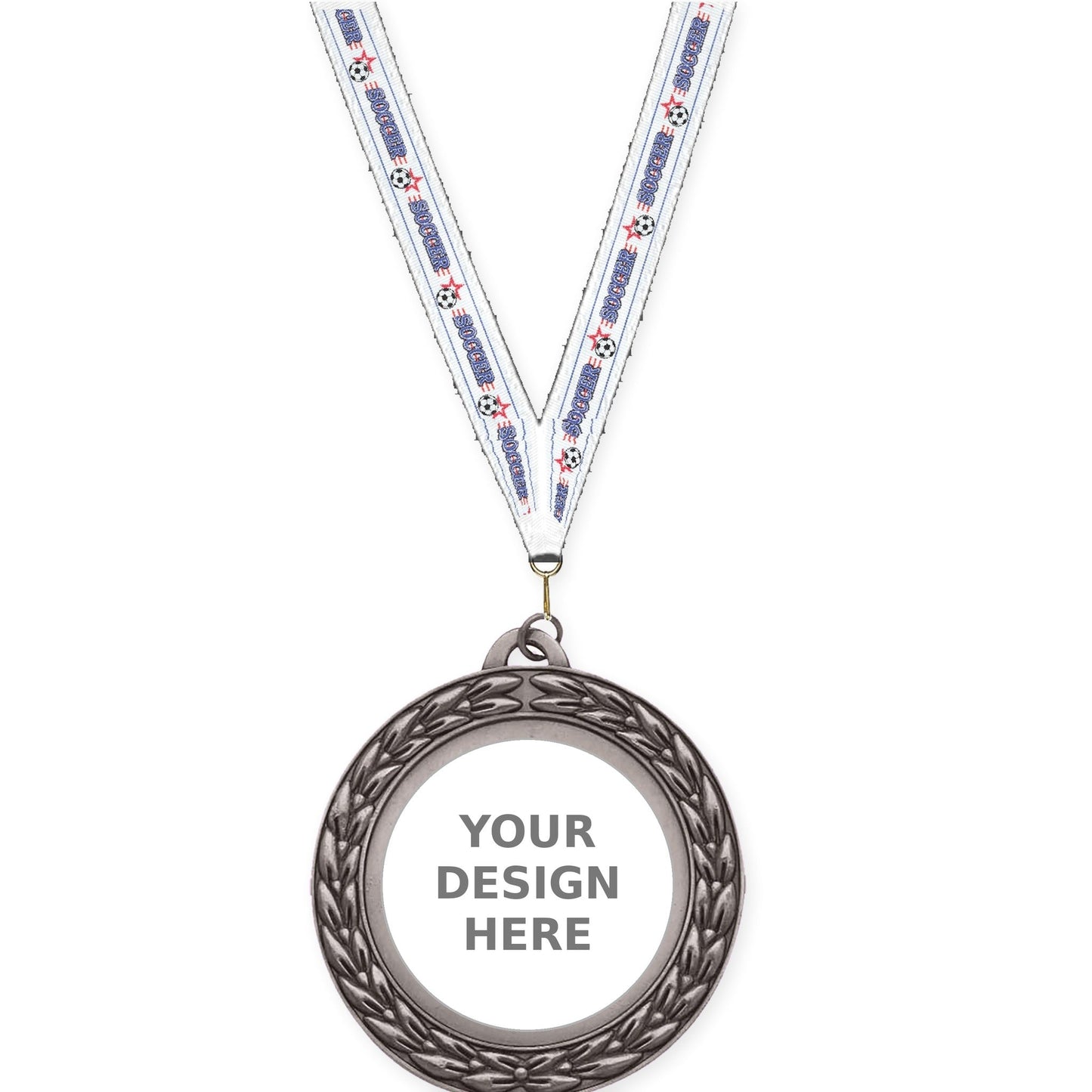 2 3/4 inch Victory Wreath insert medal in antique silver with Soccer neck ribbon