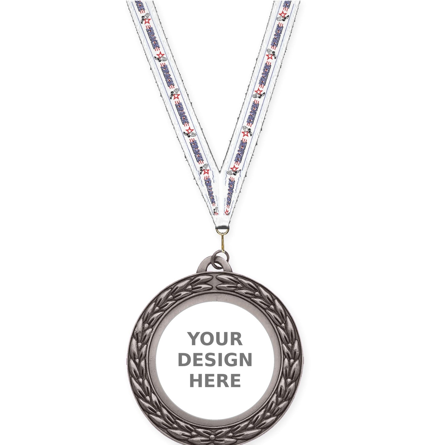 2 3/4 inch Victory Wreath insert medal in antique silver with Track neck ribbon