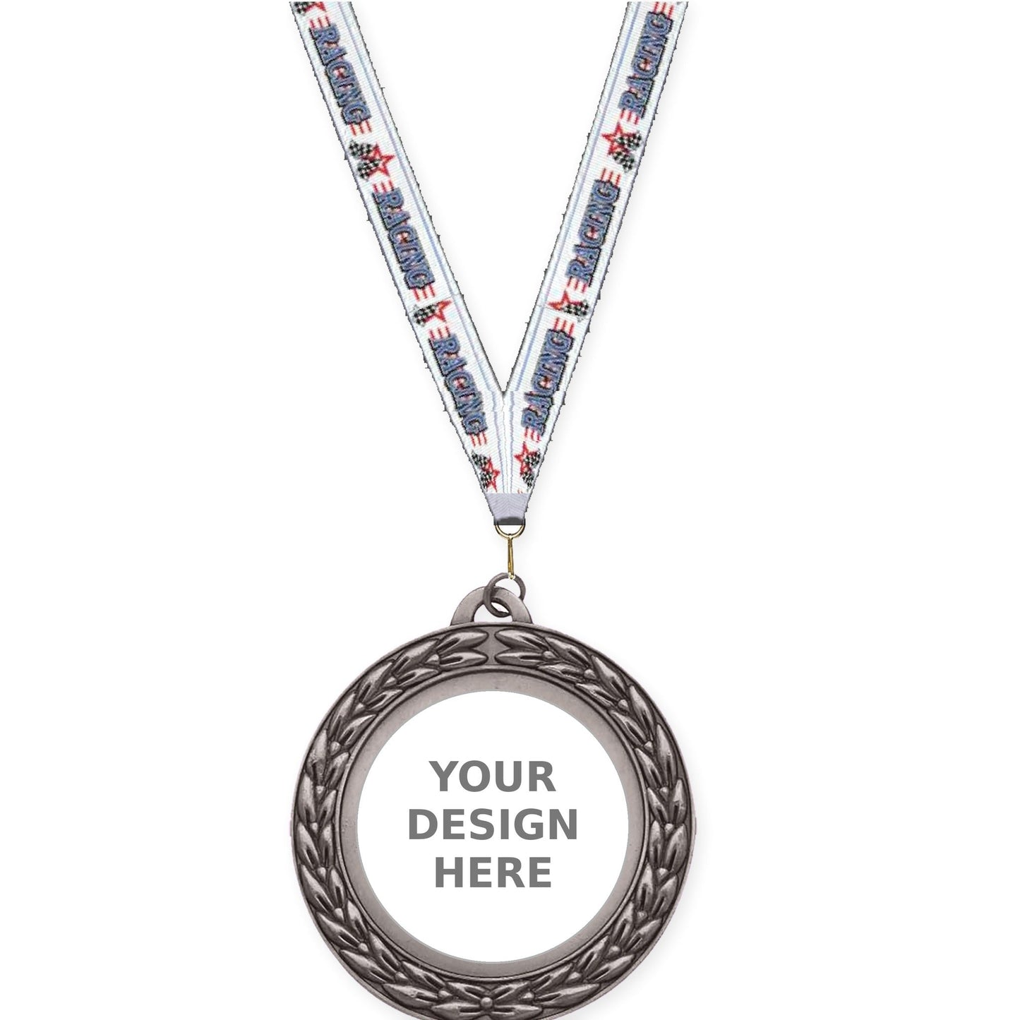 2 3/4 inch Victory Wreath insert medal in antique silver with Auto Racing neck ribbon