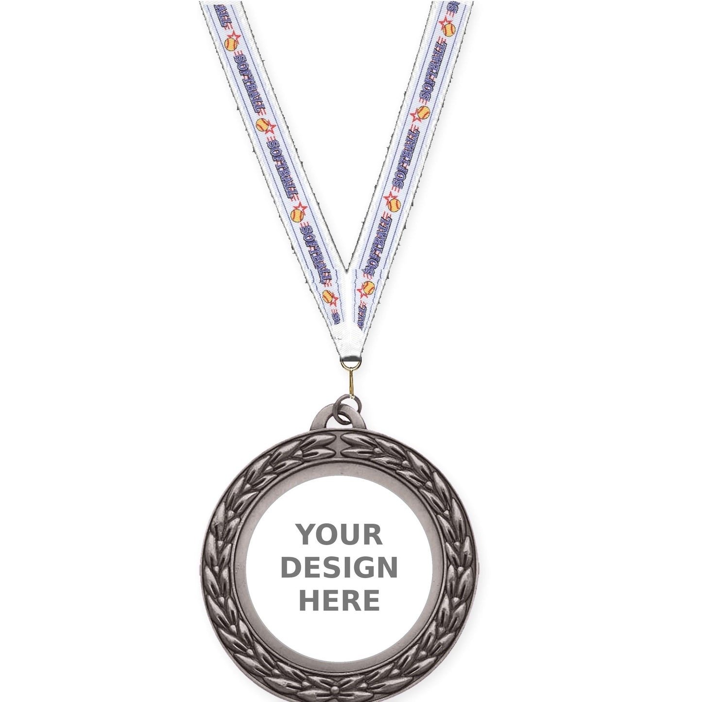 2 3/4 inch Victory Wreath insert medal in antique silver with Softball neck ribbon