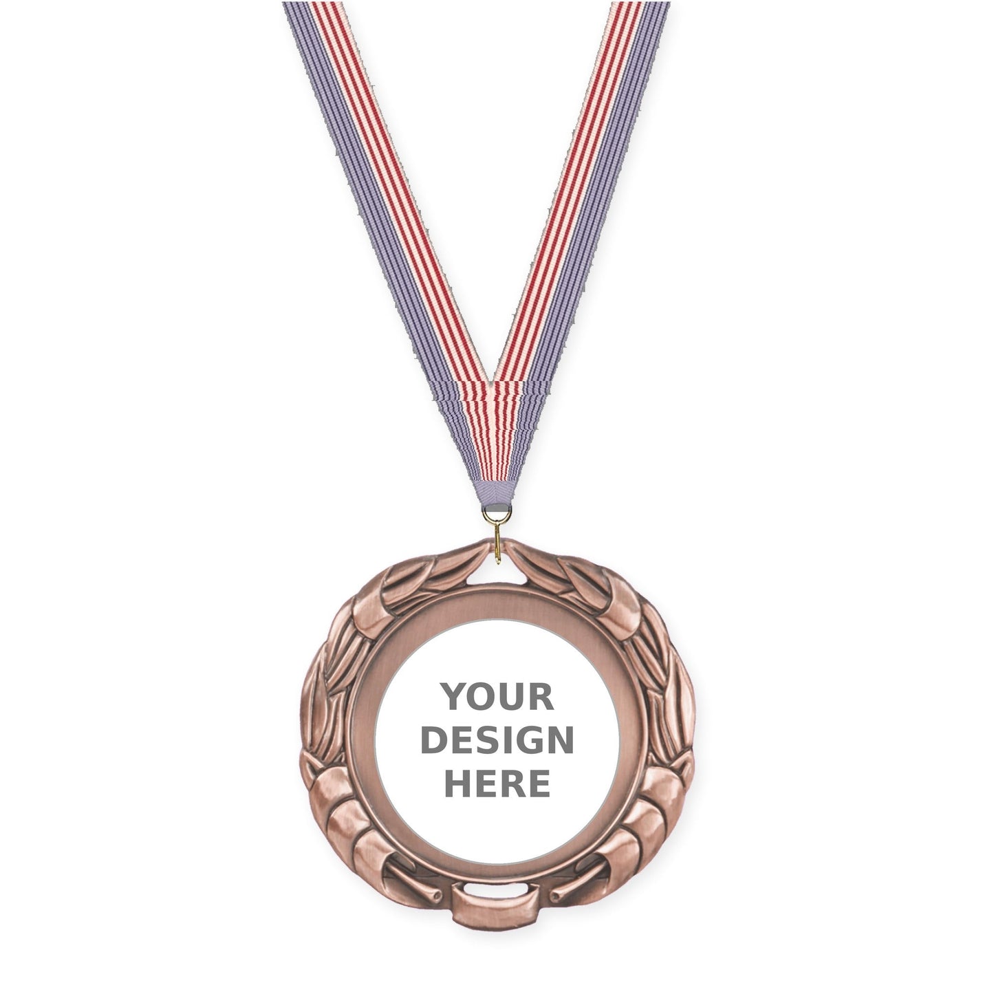 2 3/4 inch Double-Sided Wreath insert medal in antique bronze with USA Flag neck ribbon