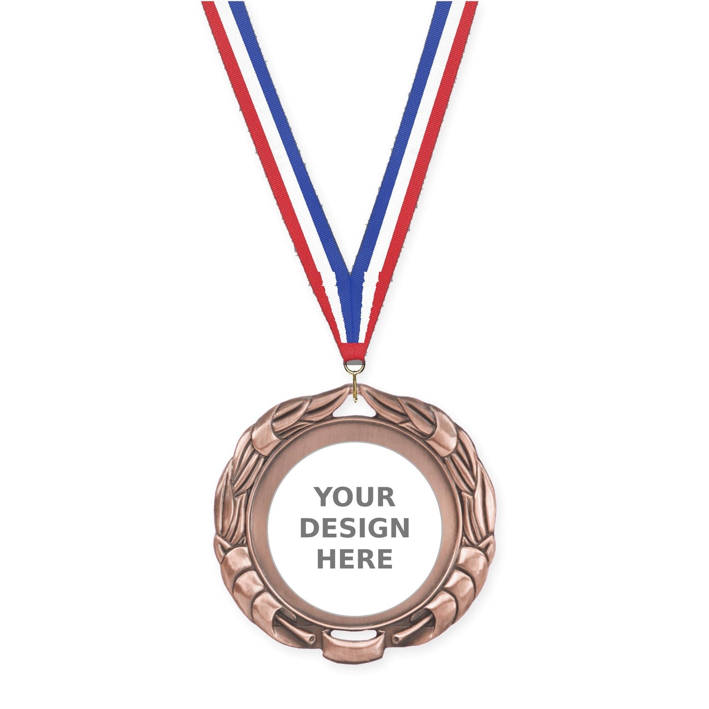 2 3/4 inch Double-Sided Wreath insert medal in antique bronze with Red White Blue neck ribbon