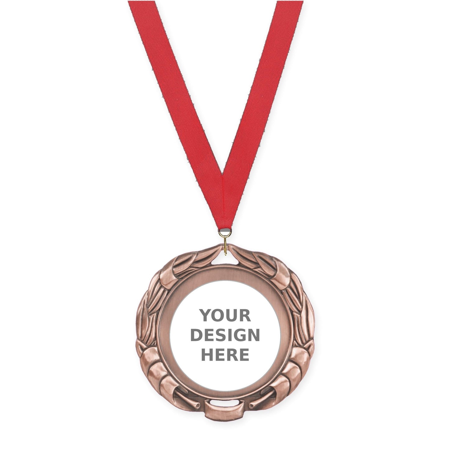 2 3/4 inch Double-Sided Wreath insert medal in antique bronze with Red neck ribbon