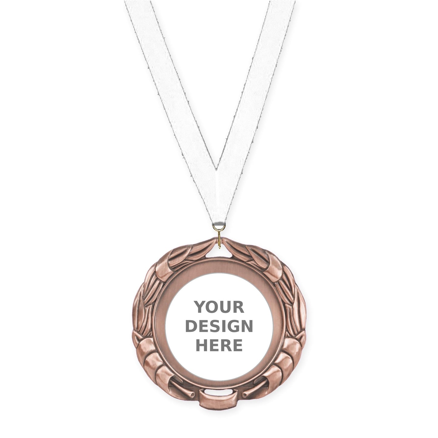 2 3/4 inch Double-Sided Wreath insert medal in antique bronze with White neck ribbon