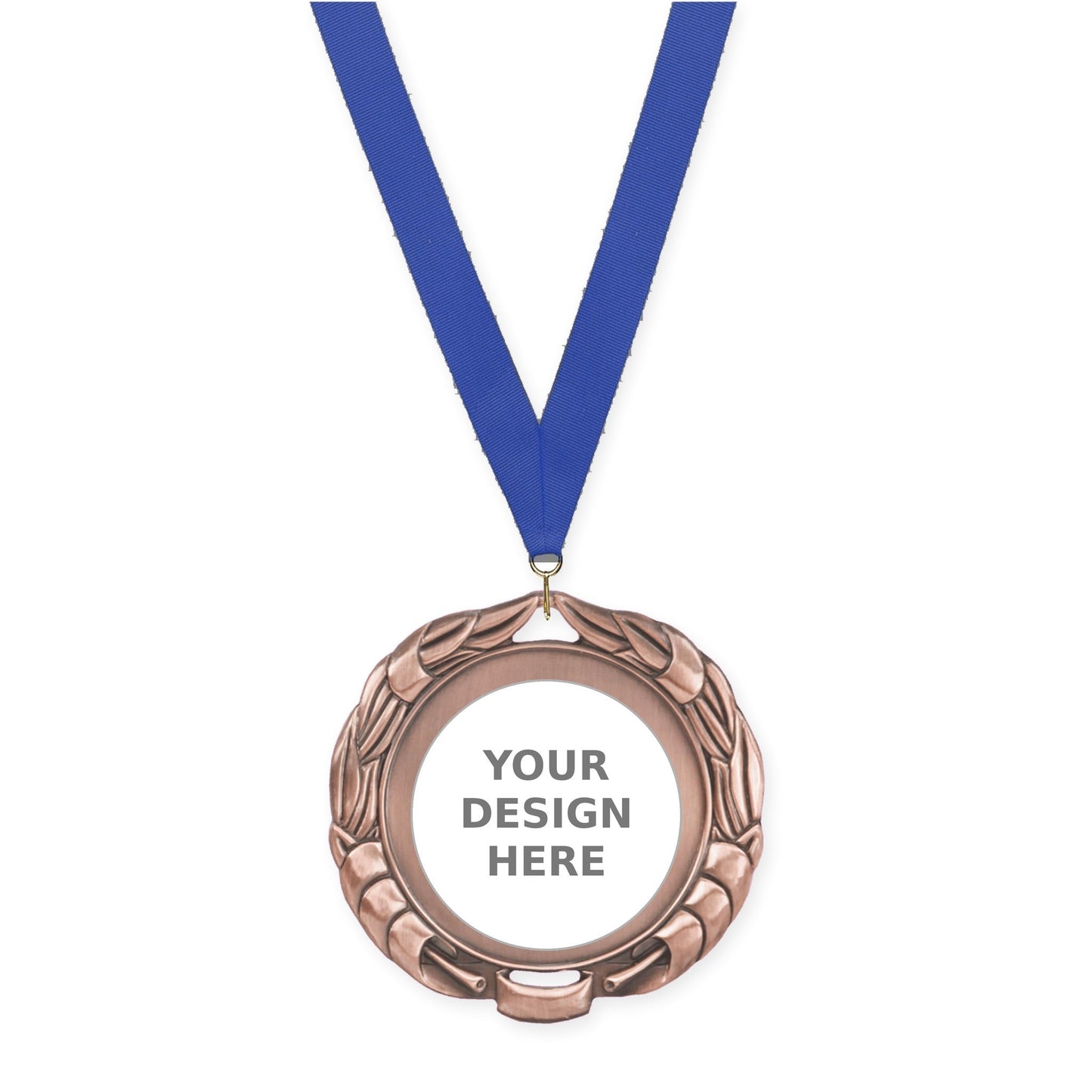 2 3/4 inch Double-Sided Wreath insert medal in antique bronze with Blue neck ribbon