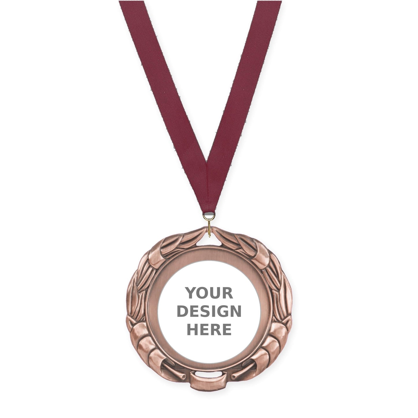 2 3/4 inch Double-Sided Wreath insert medal in antique bronze with Maroon neck ribbon