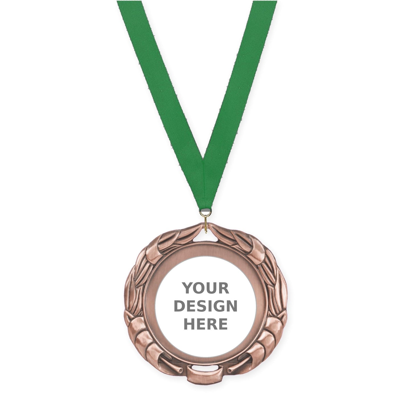 2 3/4 inch Double-Sided Wreath insert medal in antique bronze with Green neck ribbon