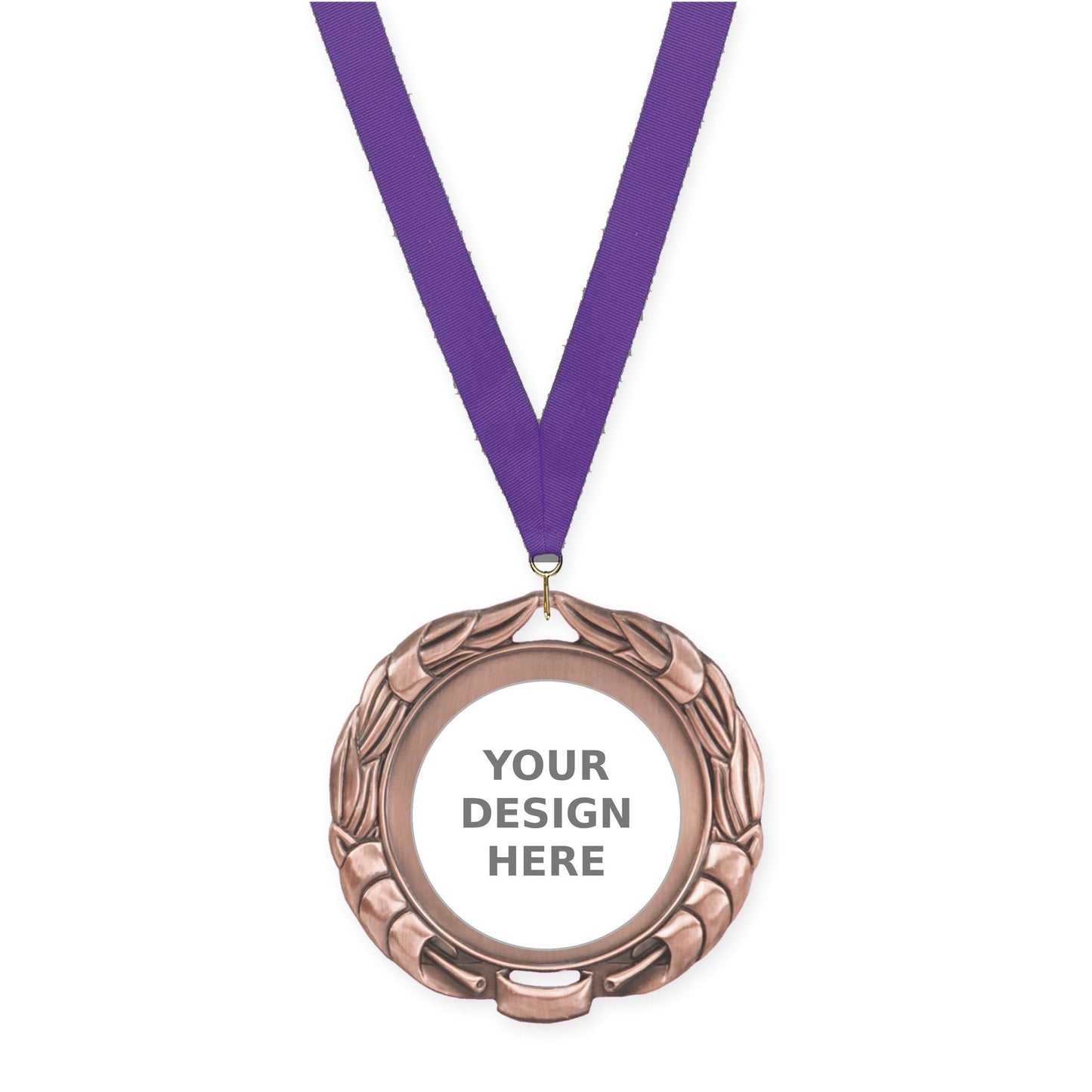 2 3/4 inch Double-Sided Wreath insert medal in antique bronze with Purple neck ribbon