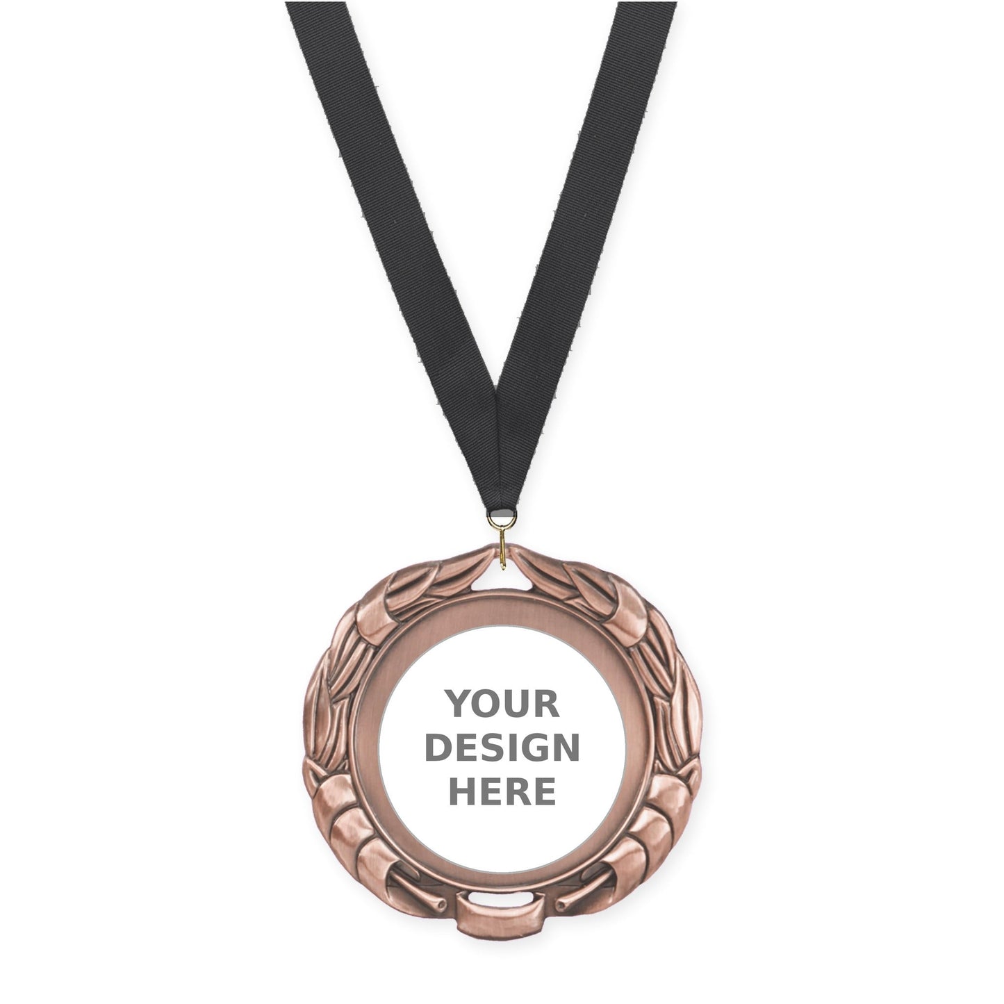 2 3/4 inch Double-Sided Wreath insert medal in antique bronze with Black neck ribbon