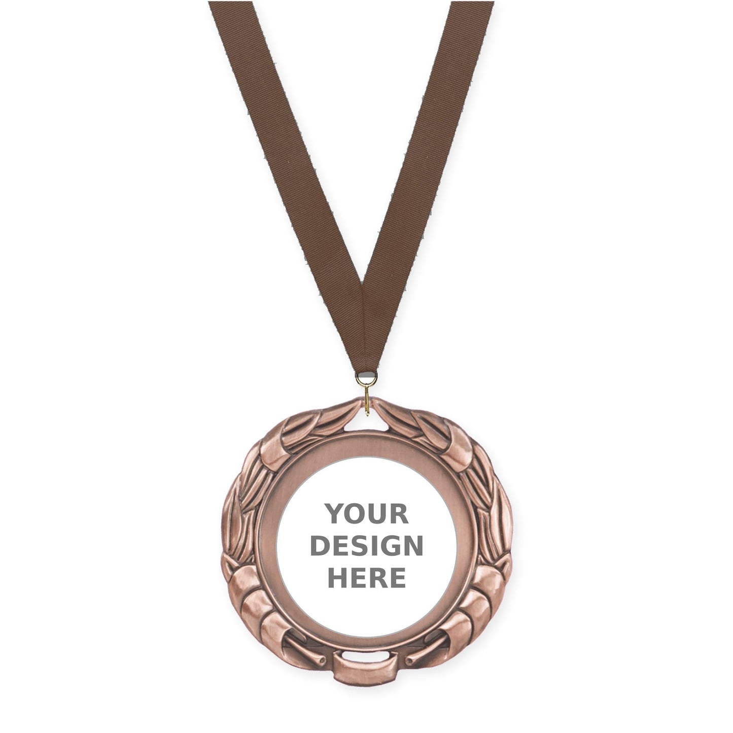 2 3/4 inch Double-Sided Wreath insert medal in antique bronze with Brown neck ribbon