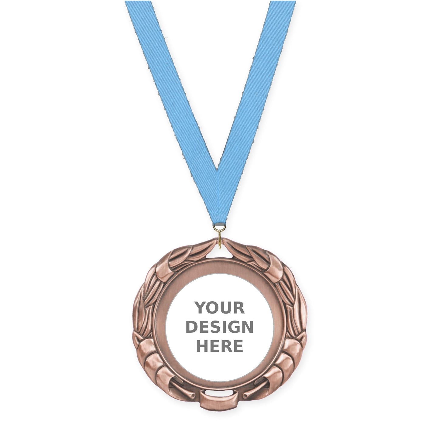 2 3/4 inch Double-Sided Wreath insert medal in antique bronze with Light Blue neck ribbon