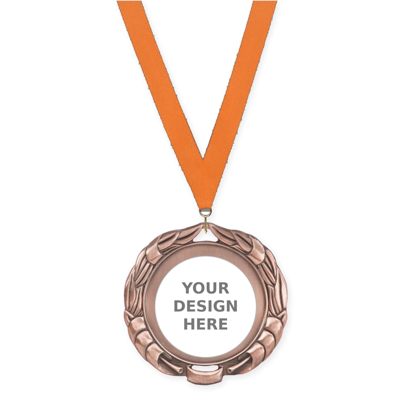 2 3/4 inch Double-Sided Wreath insert medal in antique bronze with Orange neck ribbon