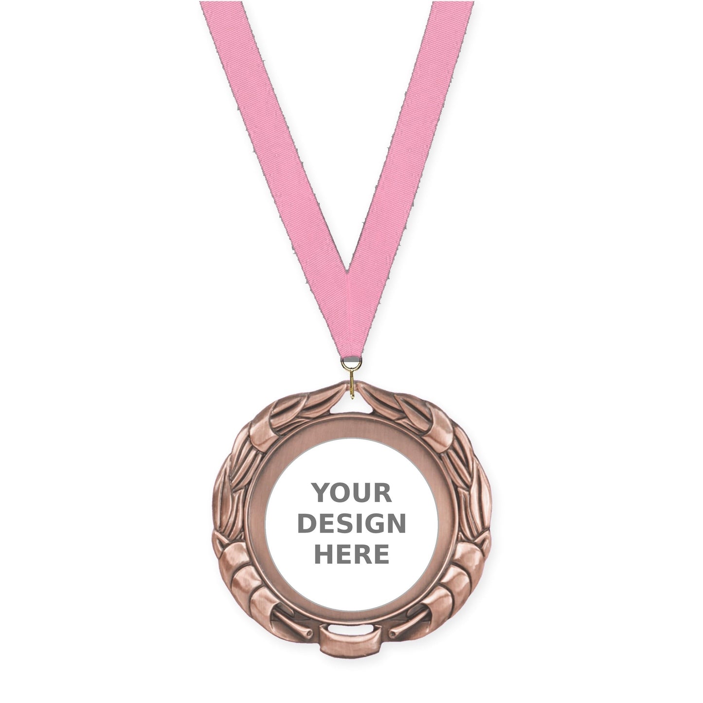 2 3/4 inch Double-Sided Wreath insert medal in antique bronze with Pink neck ribbon