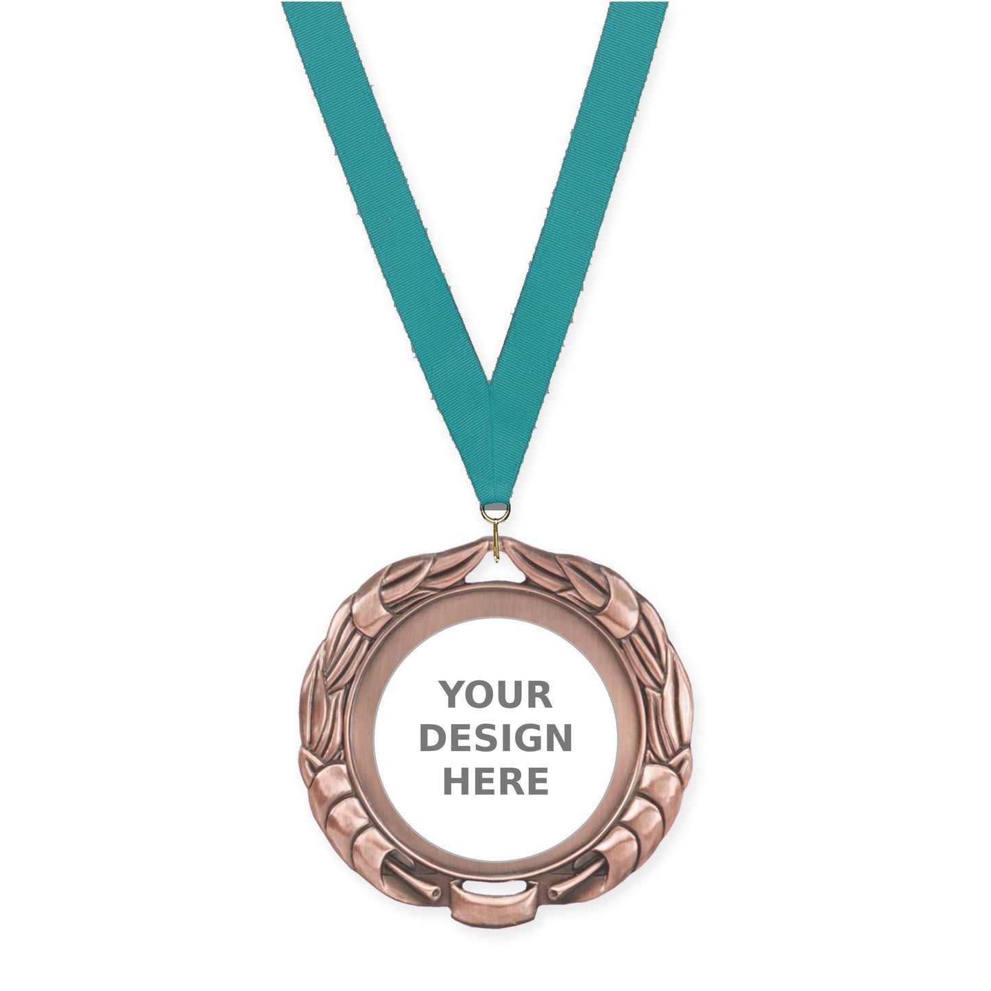 2 3/4 inch Double-Sided Wreath insert medal in antique bronze with Teal neck ribbon