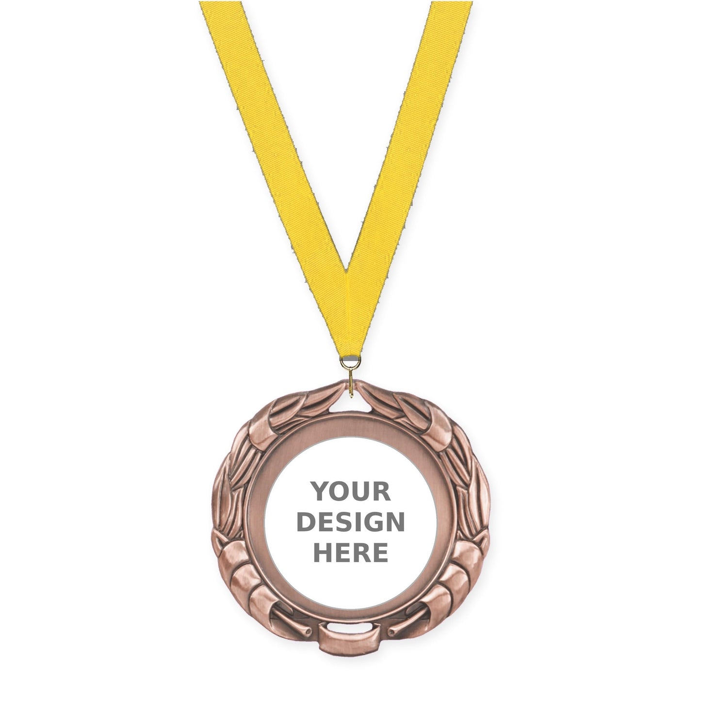 2 3/4 inch Double-Sided Wreath insert medal in antique bronze with Yellow neck ribbon