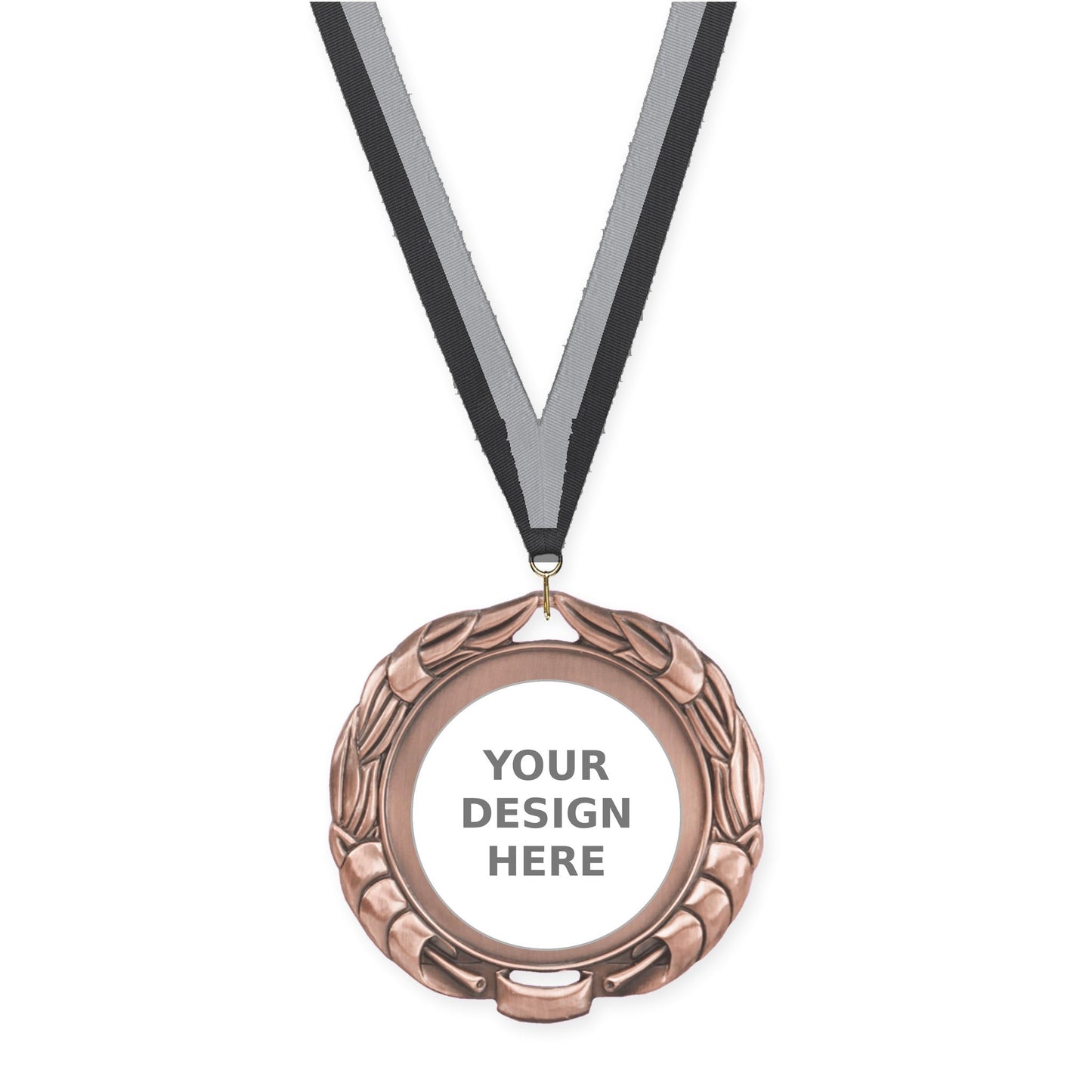 2 3/4 inch Double-Sided Wreath insert medal in antique bronze with Black Gray neck ribbon