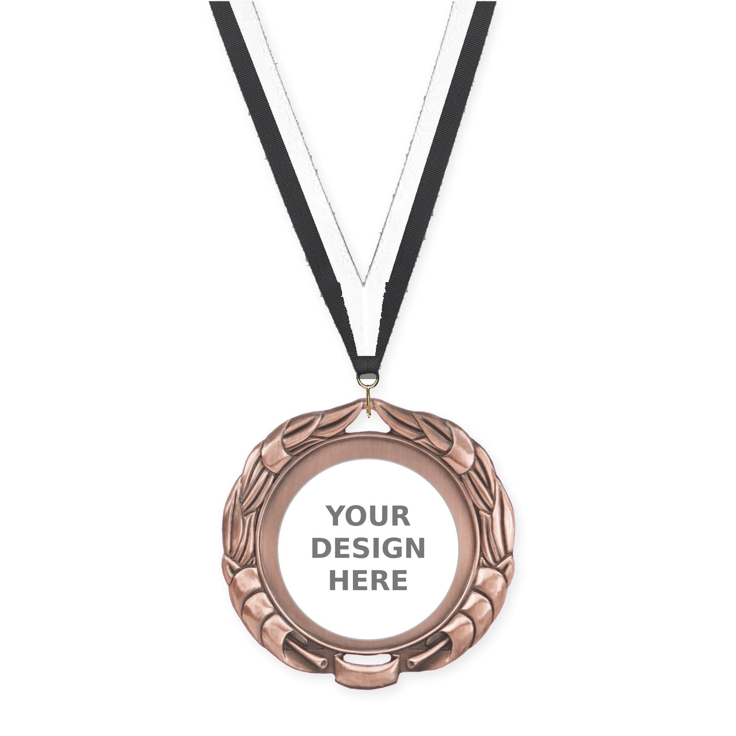 2 3/4 inch Double-Sided Wreath insert medal in antique bronze with Black White neck ribbon