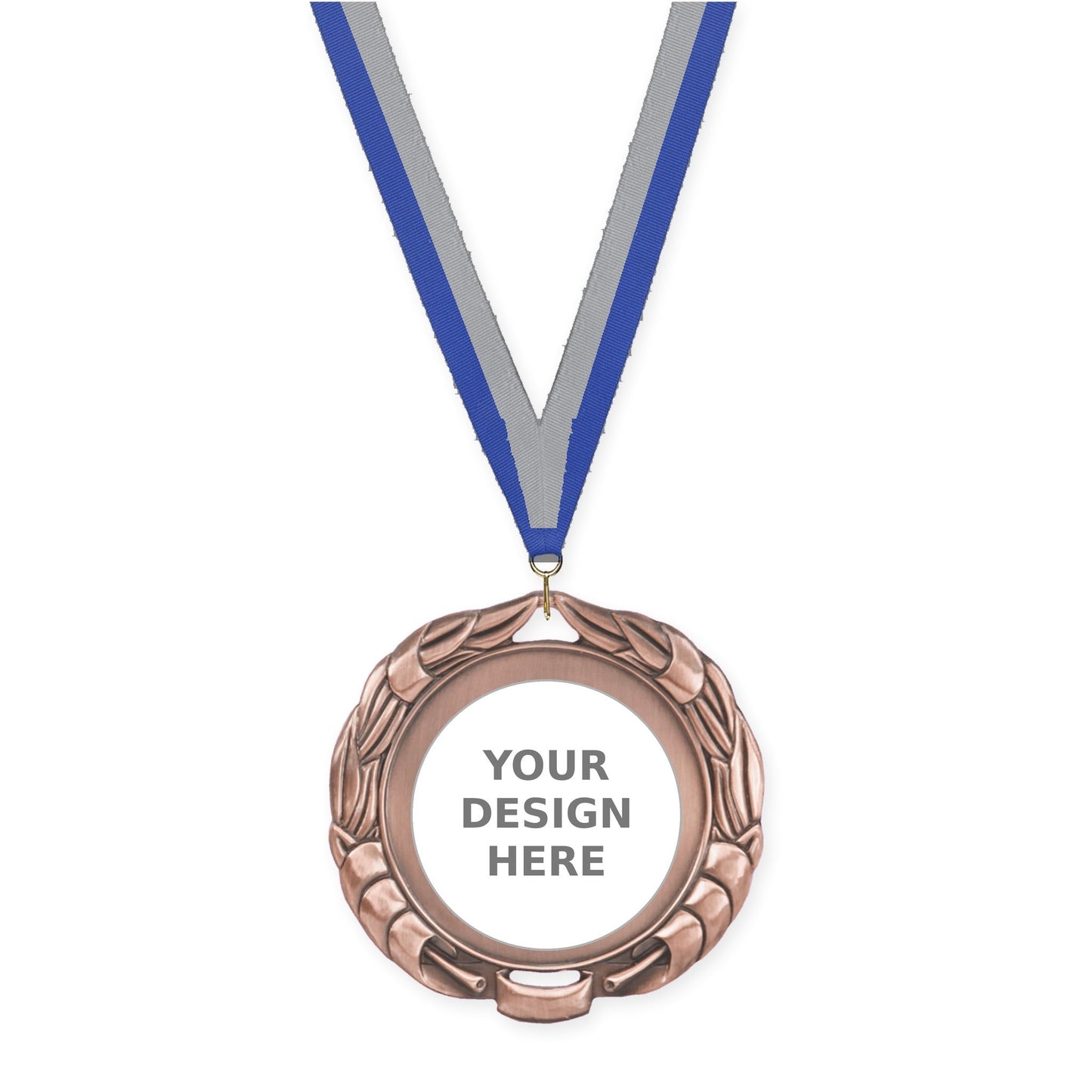 2 3/4 inch Double-Sided Wreath insert medal in antique bronze with Blue Gray neck ribbon