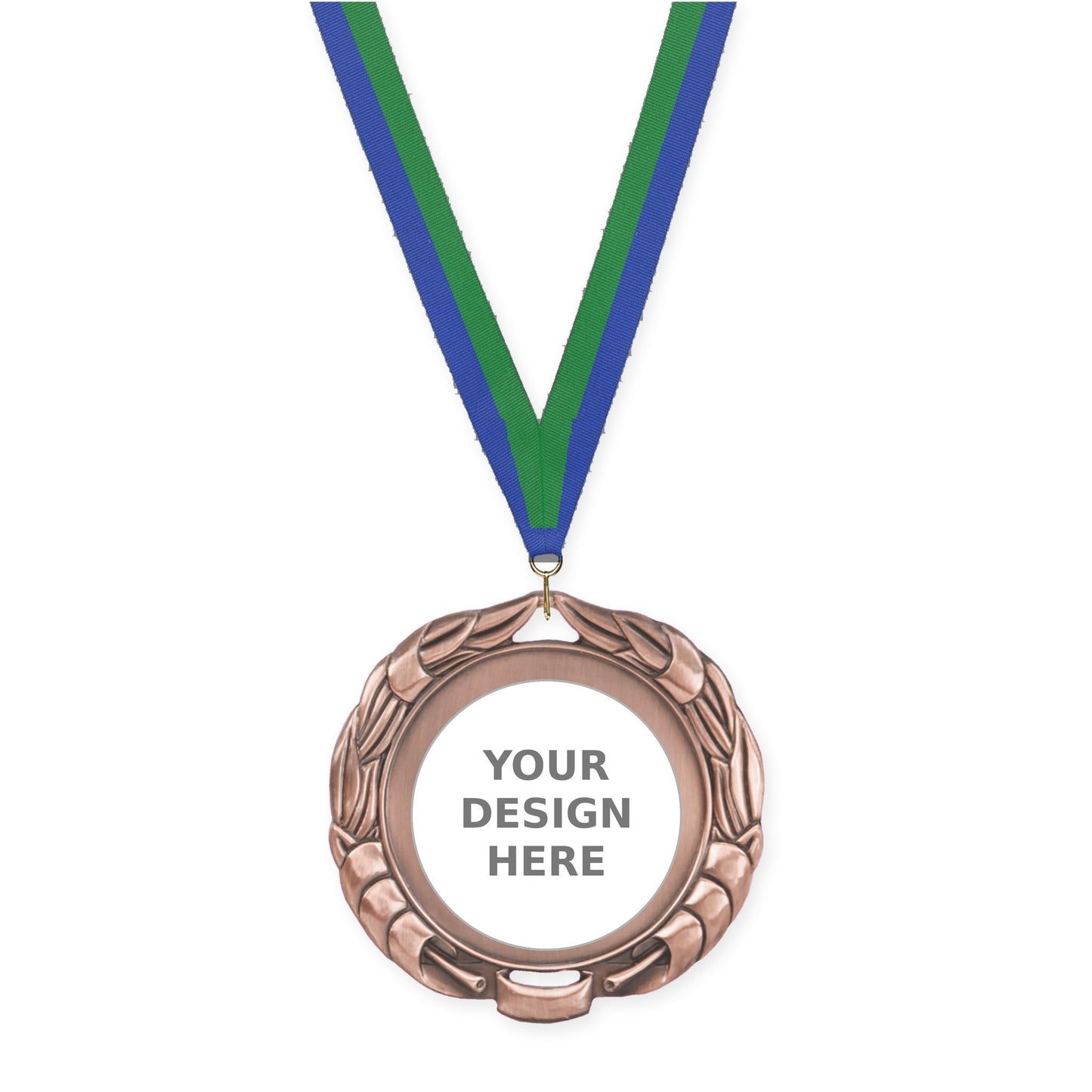 2 3/4 inch Double-Sided Wreath insert medal in antique bronze with Blue Green neck ribbon