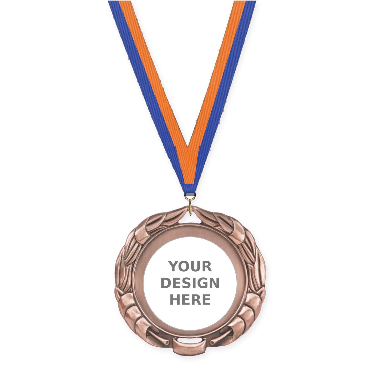 2 3/4 inch Double-Sided Wreath insert medal in antique bronze with Blue Orange neck ribbon