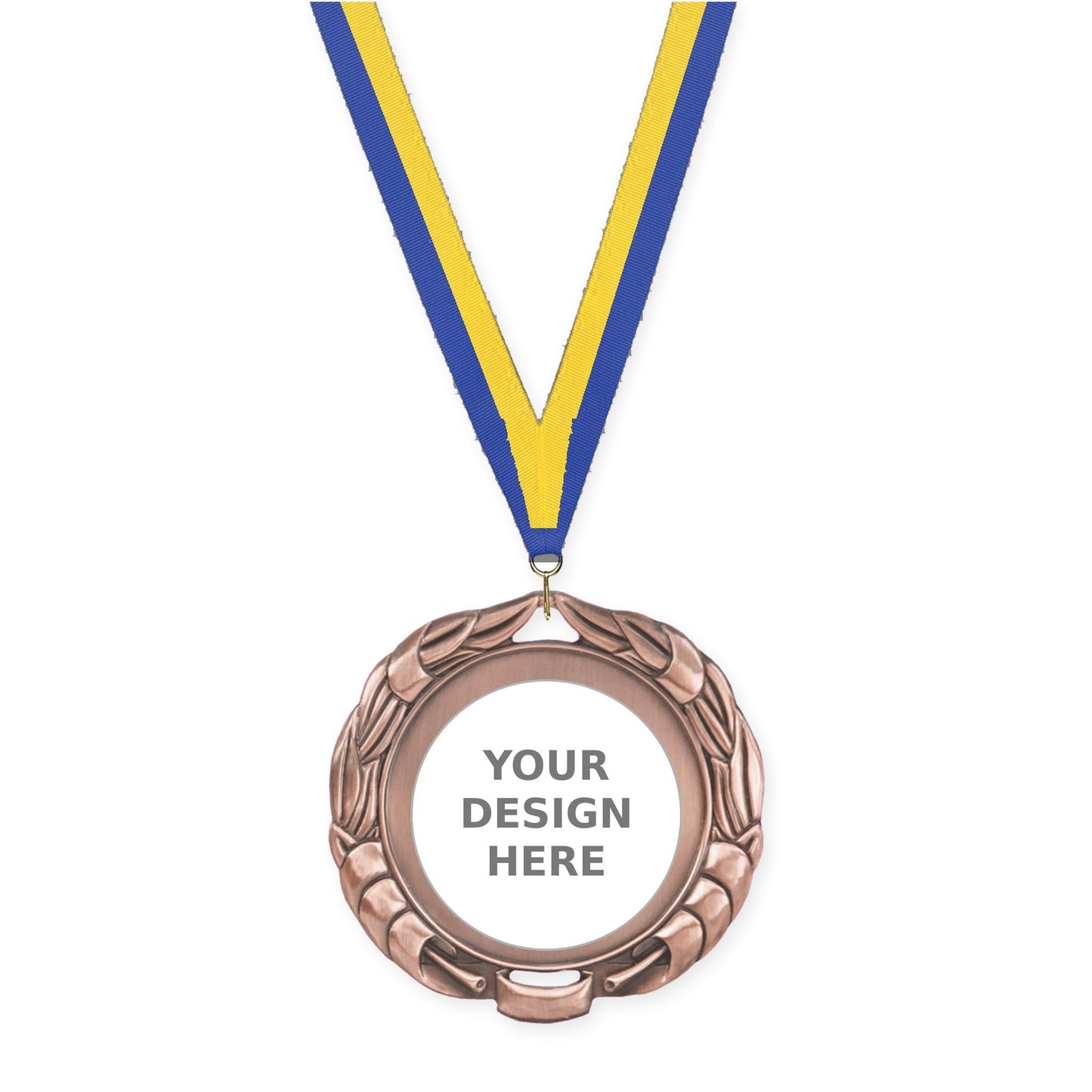 2 3/4 inch Double-Sided Wreath insert medal in antique bronze with Blue Yellow neck ribbon