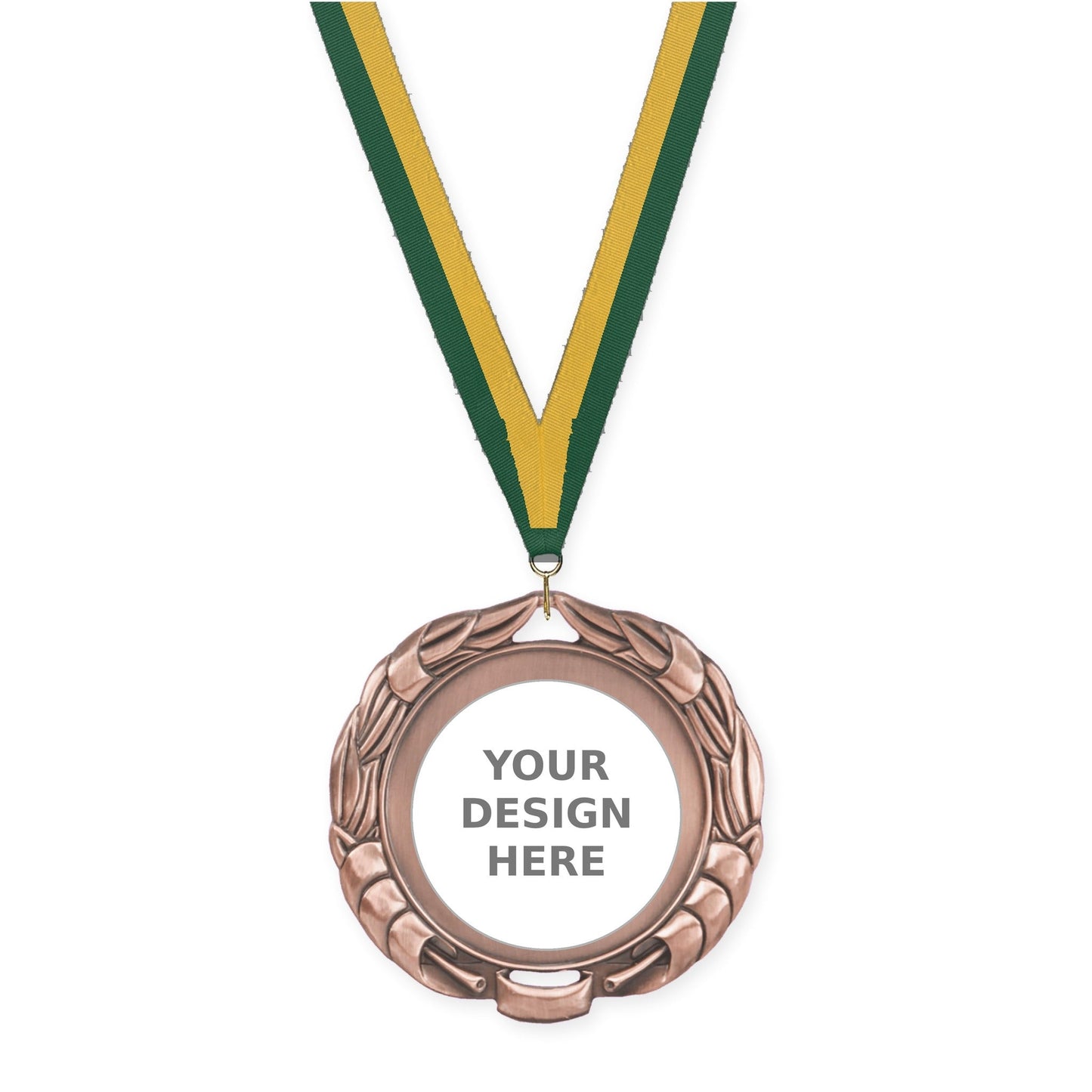 2 3/4 inch Double-Sided Wreath insert medal in antique bronze with Hunter Green Gold neck ribbon