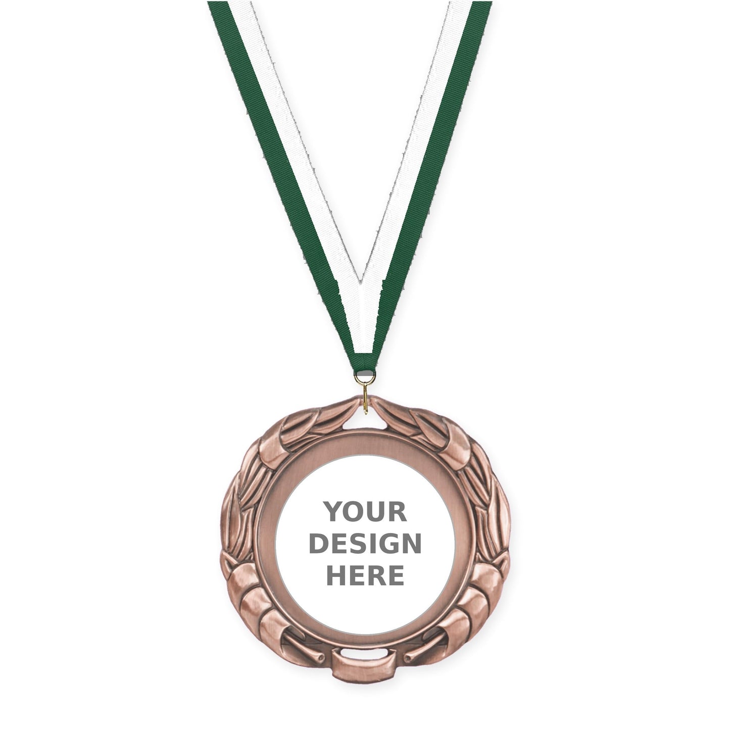 2 3/4 inch Double-Sided Wreath insert medal in antique bronze with Hunter Green White neck ribbon