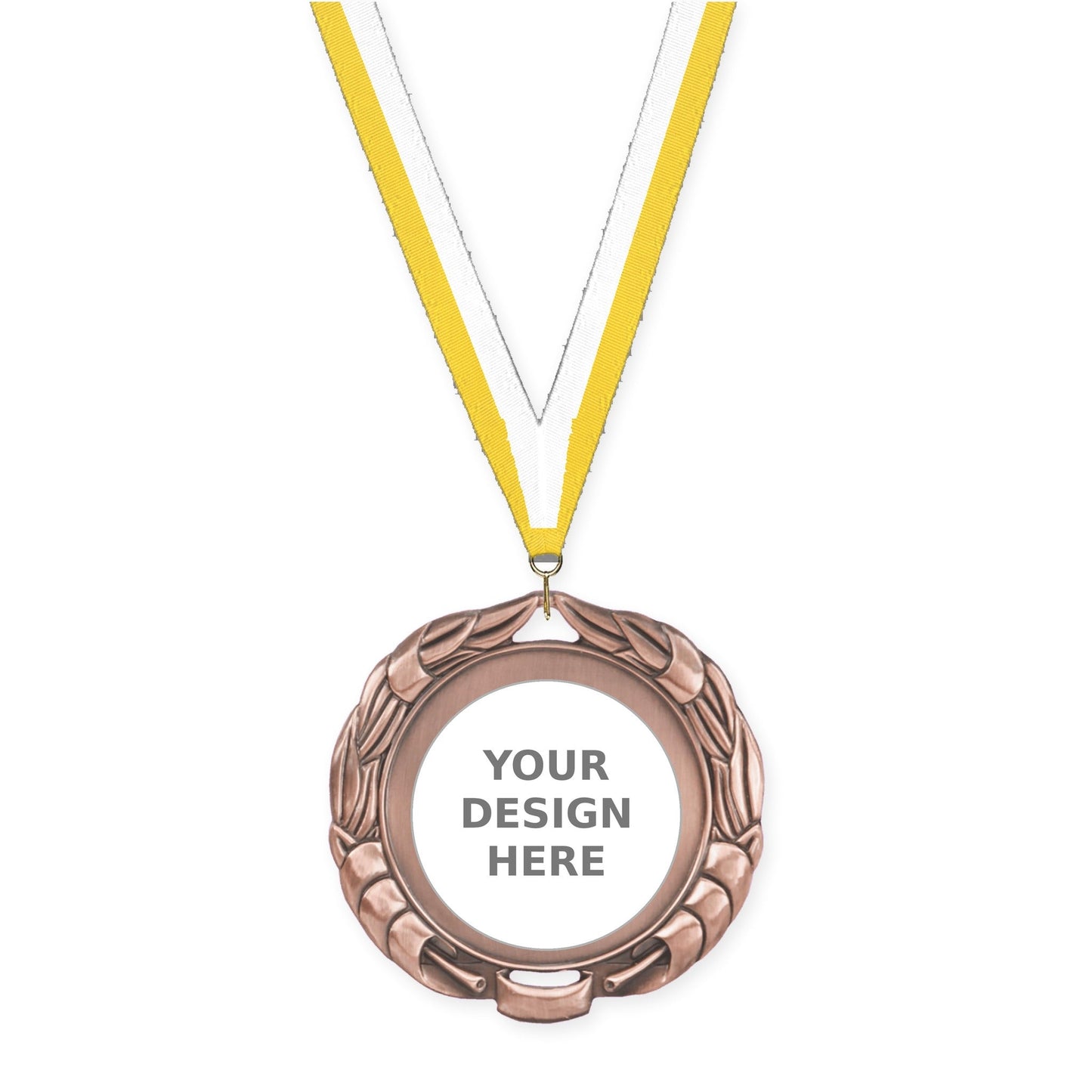 2 3/4 inch Double-Sided Wreath insert medal in antique bronze with Yellow White neck ribbon