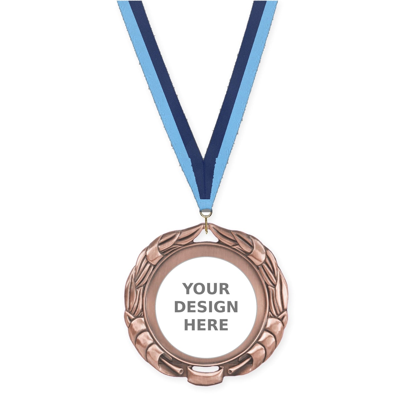 2 3/4 inch Double-Sided Wreath insert medal in antique bronze with Light Blue Navy neck ribbon