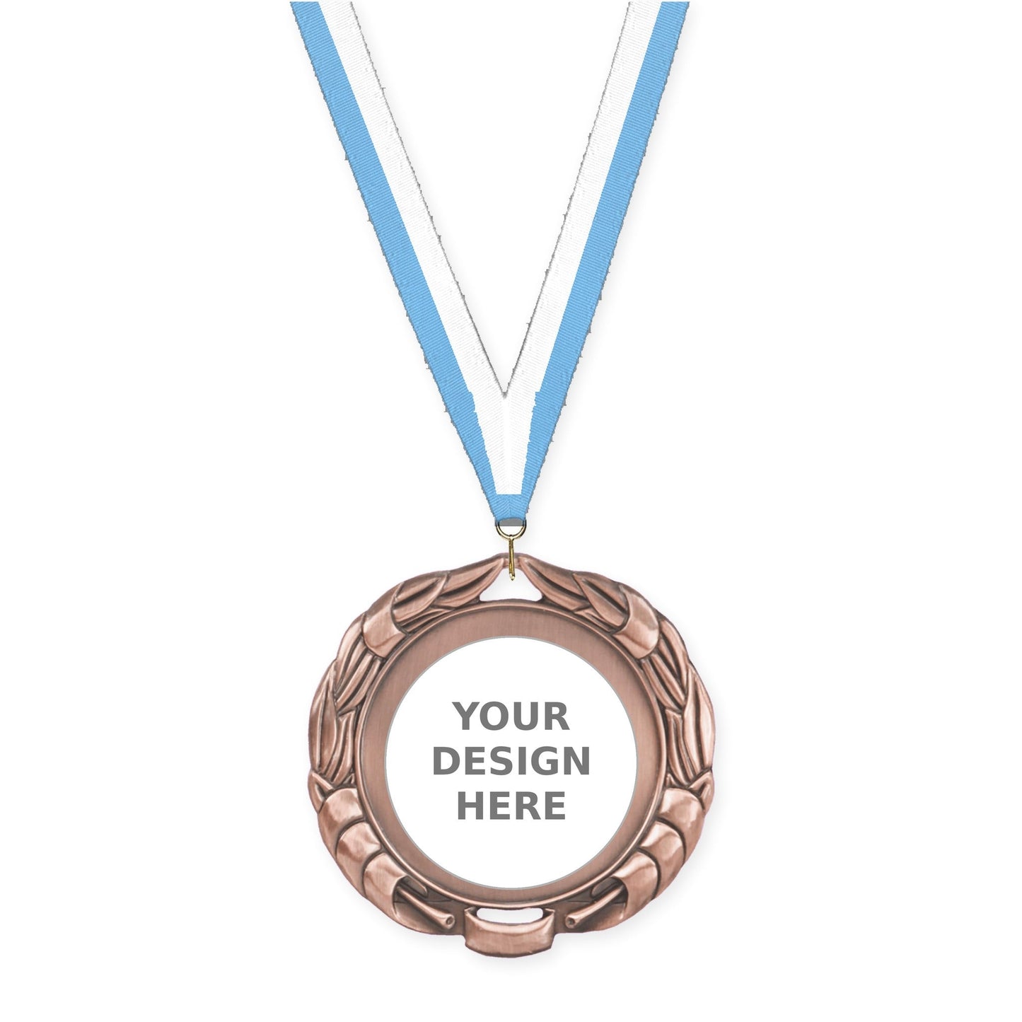 2 3/4 inch Double-Sided Wreath insert medal in antique bronze with Light Blue White neck ribbon