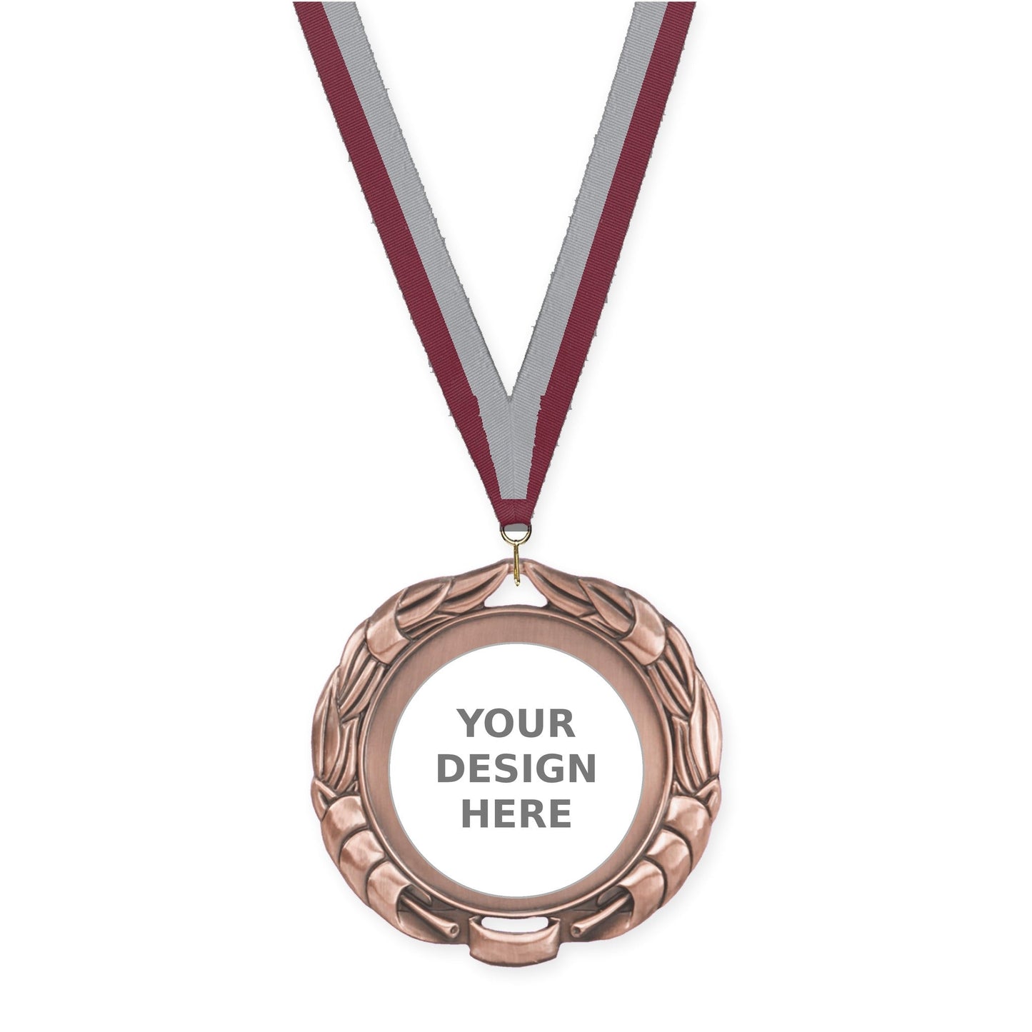 2 3/4 inch Double-Sided Wreath insert medal in antique bronze with Maroon Gray neck ribbon